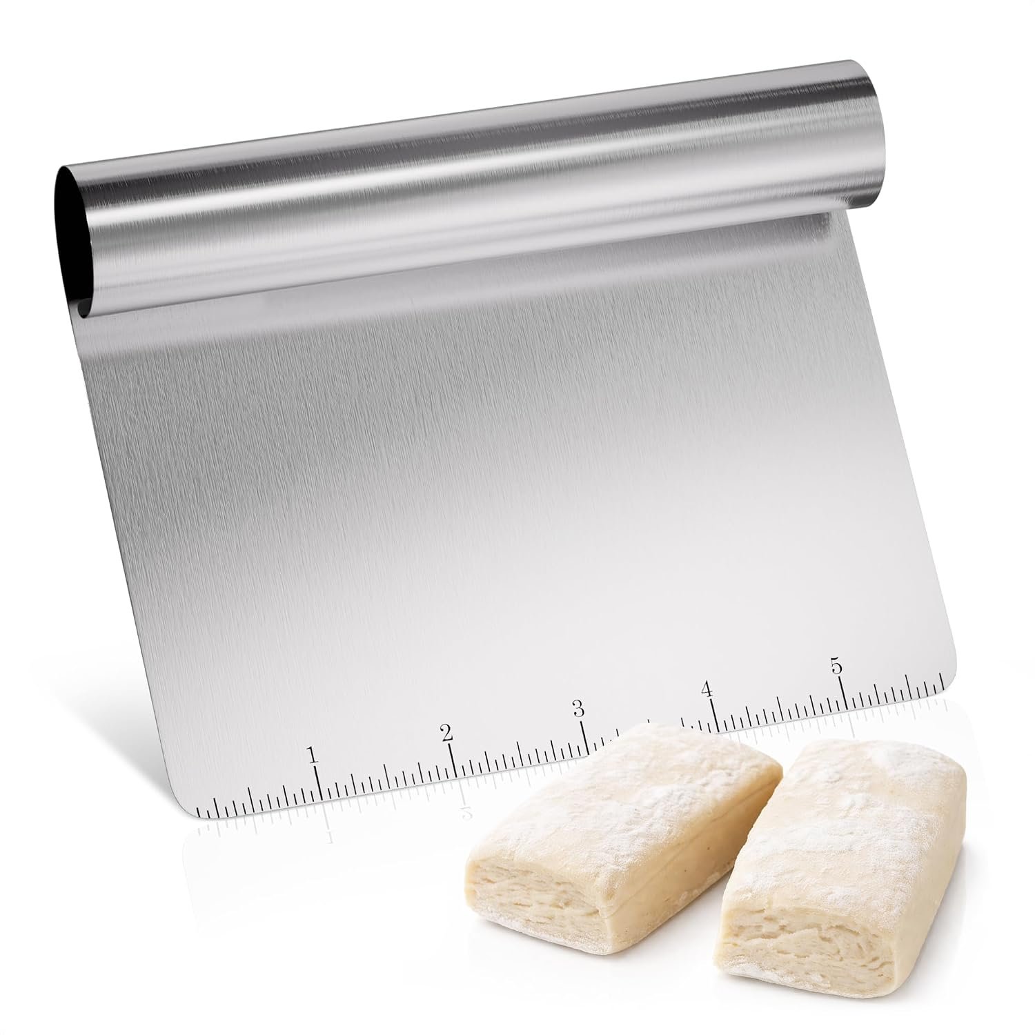 Stainless Steel Bench Scraper, 5.9 x 4.53 In, Measurement Marks | Pastry Scraper Tool with Ergonomic Handle, Resists Bending for Clean Cuts; Dough Cutter for Sourdough, Pizza and Cookie