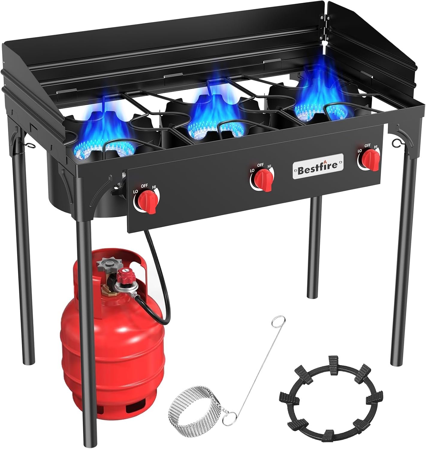 BSETFIRE 3 Burner Camping Stove, 225,000 BTU Propane Stove with Detachable Windscreen, 20 PSIG Regulator & Removable Legs for Outdoor Cooking, Canning & BBQ