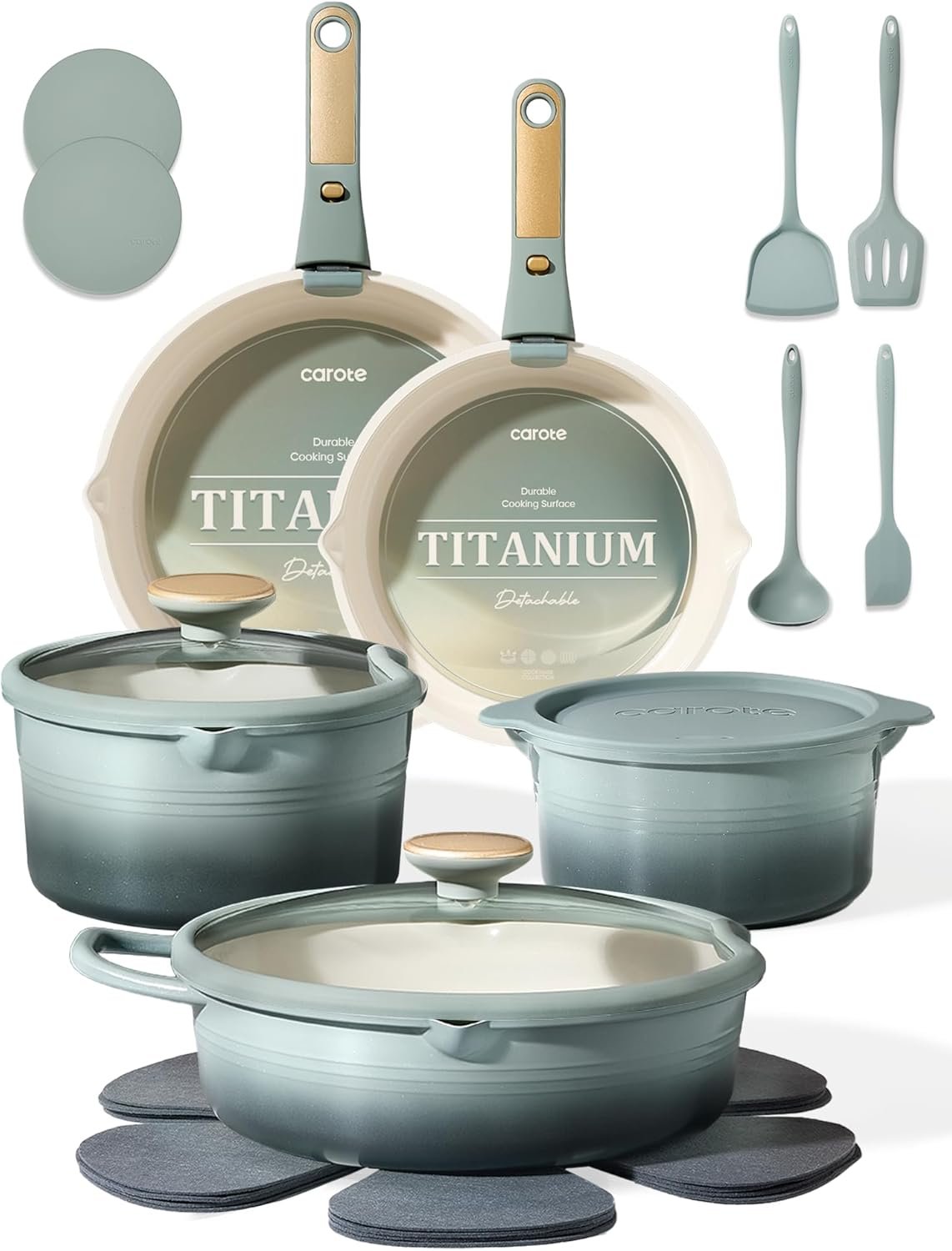 CAROTE 20pcs Titanium Cookware Set, Pots and Pans Set Detachable Handle | Non-Stick, Non-Toxic, PFAS and PFOA Free, Induction Compatible, Dishwasher & Oven Safe, Space Saving, Camping Cooking, Green