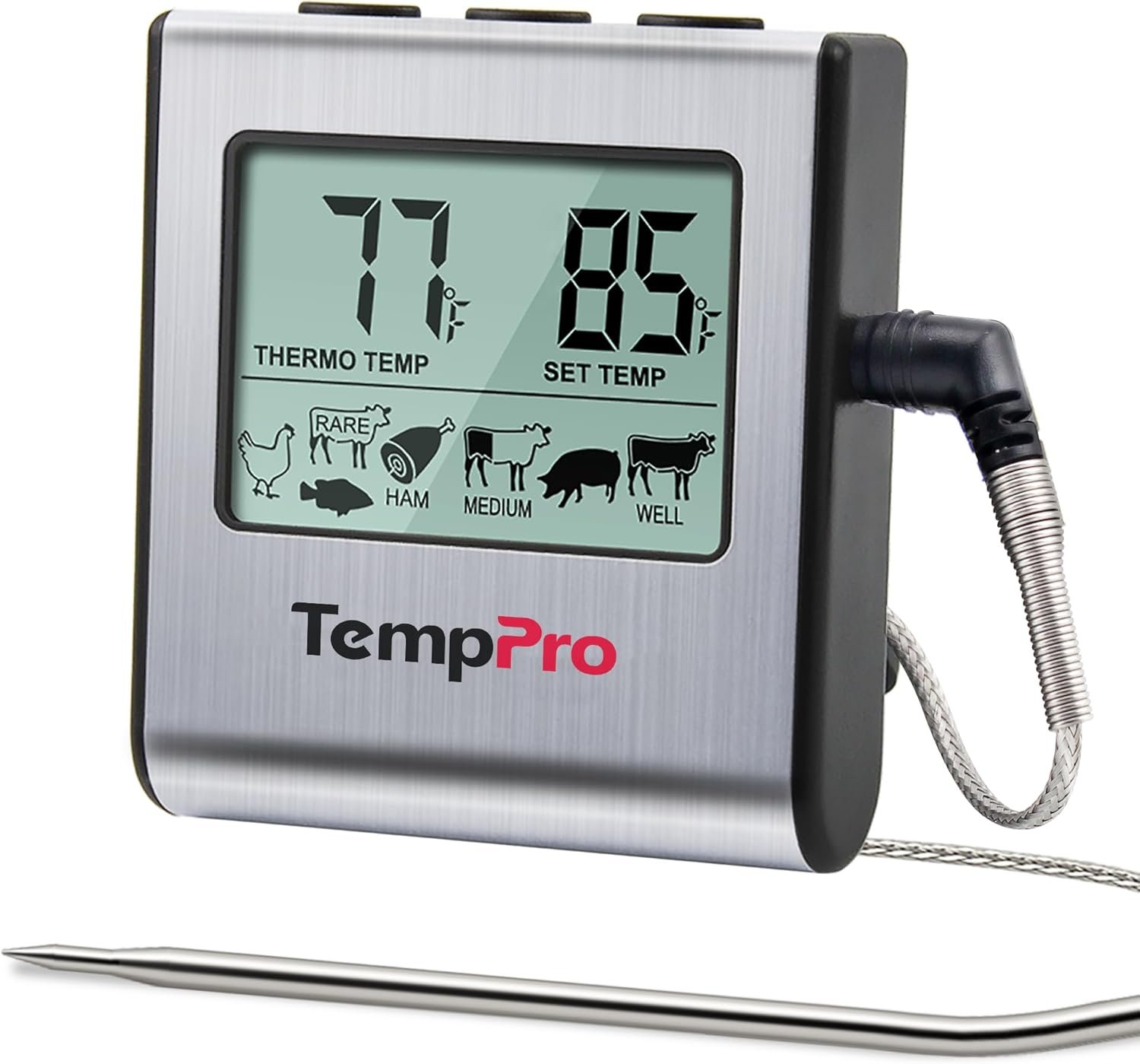 TempPro TempTrack Large LCD Digital Meat Thermometer for Cooking | Kitchen Food Thermometer With Clock Timer, Stainless Steel Temperature Probe for Oven Smoker BBQ Grill(Previously ThermoPro)