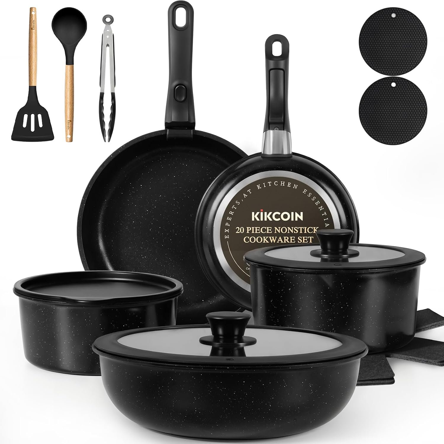 Nonstick Pots and Pans Set – 20 Pack KIKCOIN Stackable Cookware Set with Detachable Handle, RV Kitchen Cooking Set with Removable Handles – Oven Safe, Induction Ready (Black)