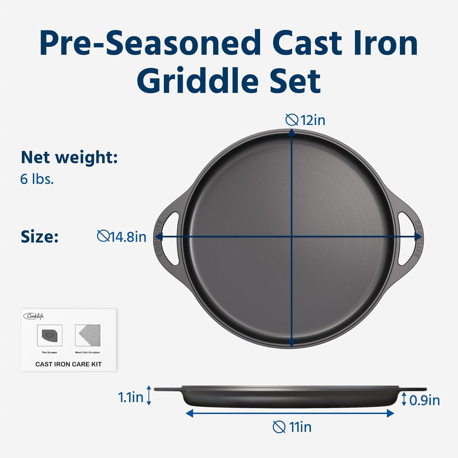 12inch Lightweight Pre-Seasoned Cast Iron Griddle Smooth Grill Pan | Non-Stick Polished Flat Pan Use with an Oven, Stove, Grill, or Campfire, Handcrafted, PFAS-Free, Non-Toxic, Easy to Clean