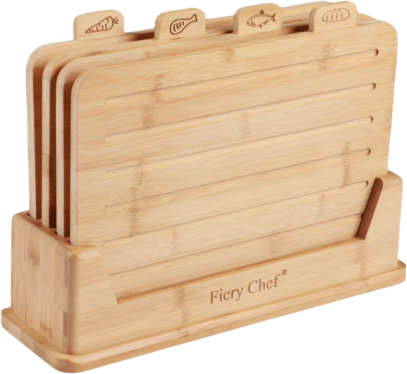 4 Piece Bamboo Cutting Boards with Food Icons & Stand, 14.56″L x 11″W | Thick & Durable, Deep Juice Groove, Non Toxic Real Wood, knife-friendly, Chopping Boards Set of 4 with Sturdy Holder