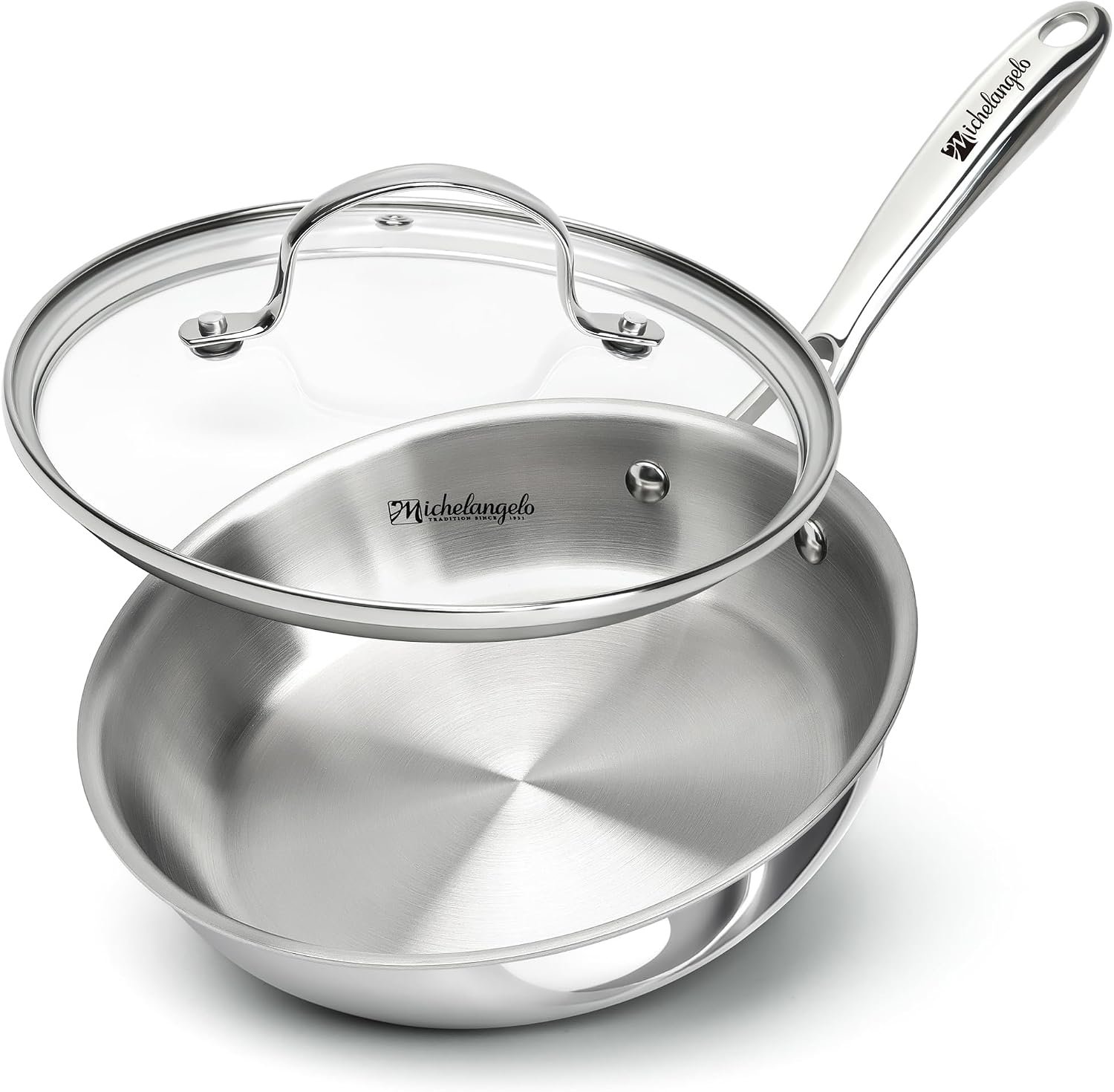 MICHELANGELO 8 Inch Tri-ply Stainless Steel Frying Pan with Lid | 18/10 Stainless Steel Skillet for Small Portions, Induction Compatible, Oven & Dishwasher Safe, PFAS & PFOA Free