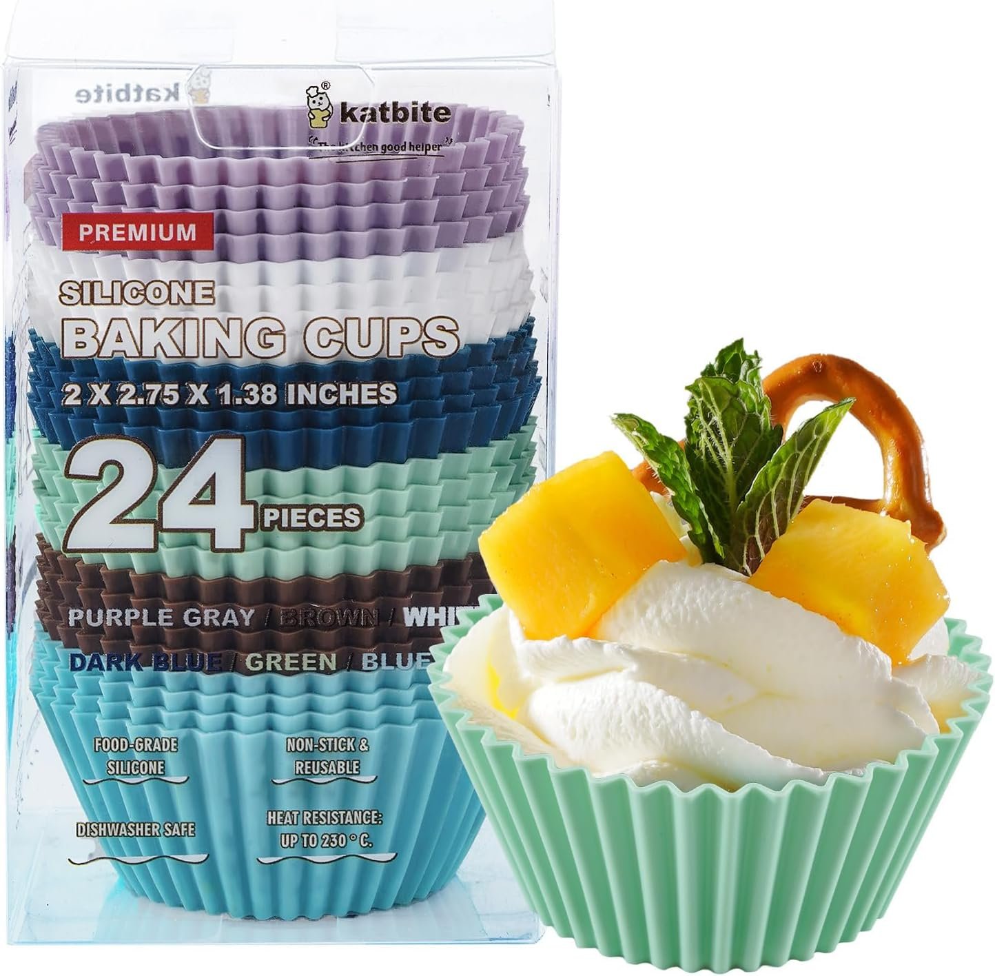 Katbite Silicone Cupcake Liners 24 Pack, Reusable Muffin Baking Cups | Heavy Duty, Non-Stick, Food-Grade Soft Pale Cupcake Holders for Party, Halloween, Christmas