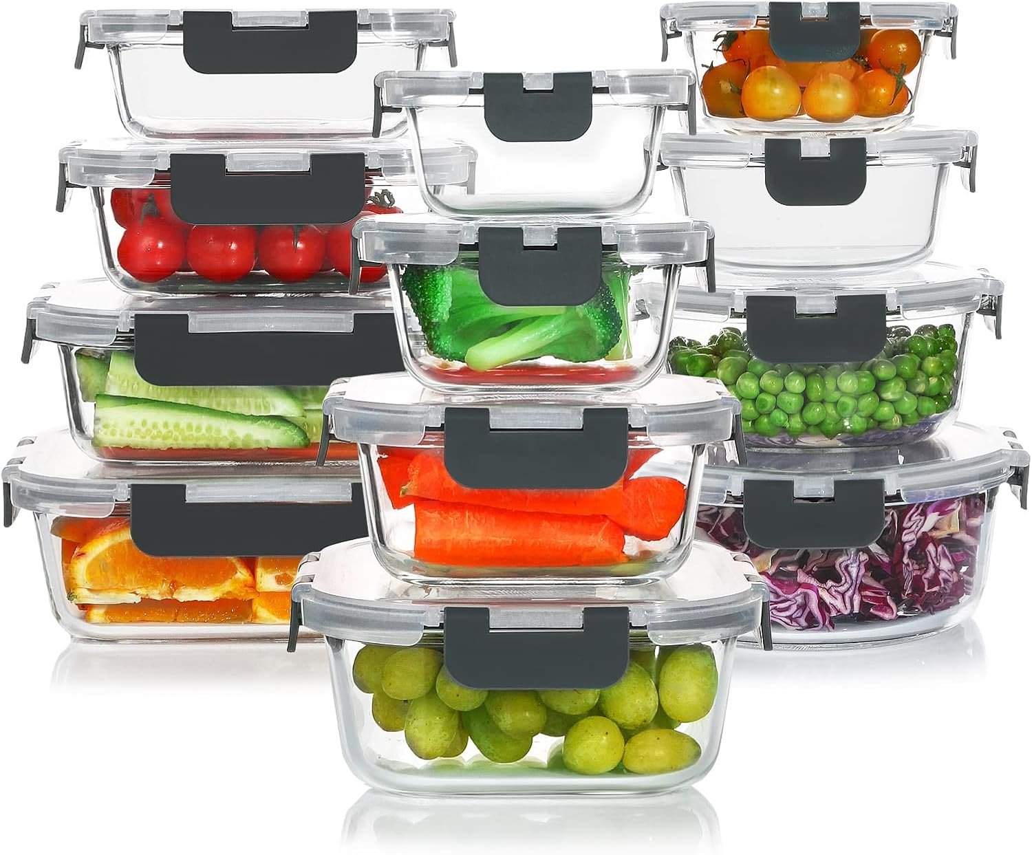 KOMUEE 24 Pieces Glass Food Storage Containers Set, Gray | Meal Prep Containers, BPA-Free, Airtight Glass Storage Containers with Lids,Freezer, Microwave and Oven Safe