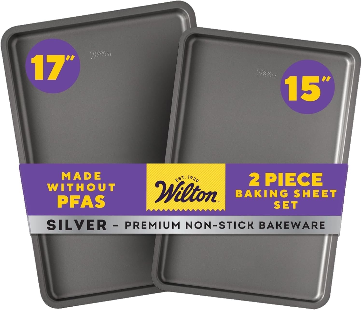 Wilton Silver Non-Stick Baking Sheet Set, Made Without PFAS, 2-Piece | Non-Stick Steel Bakeware Set, Dishwasher Safe with 5-Year Limited Warranty, Perfect for Cookies, Roasting & Sheet Baking