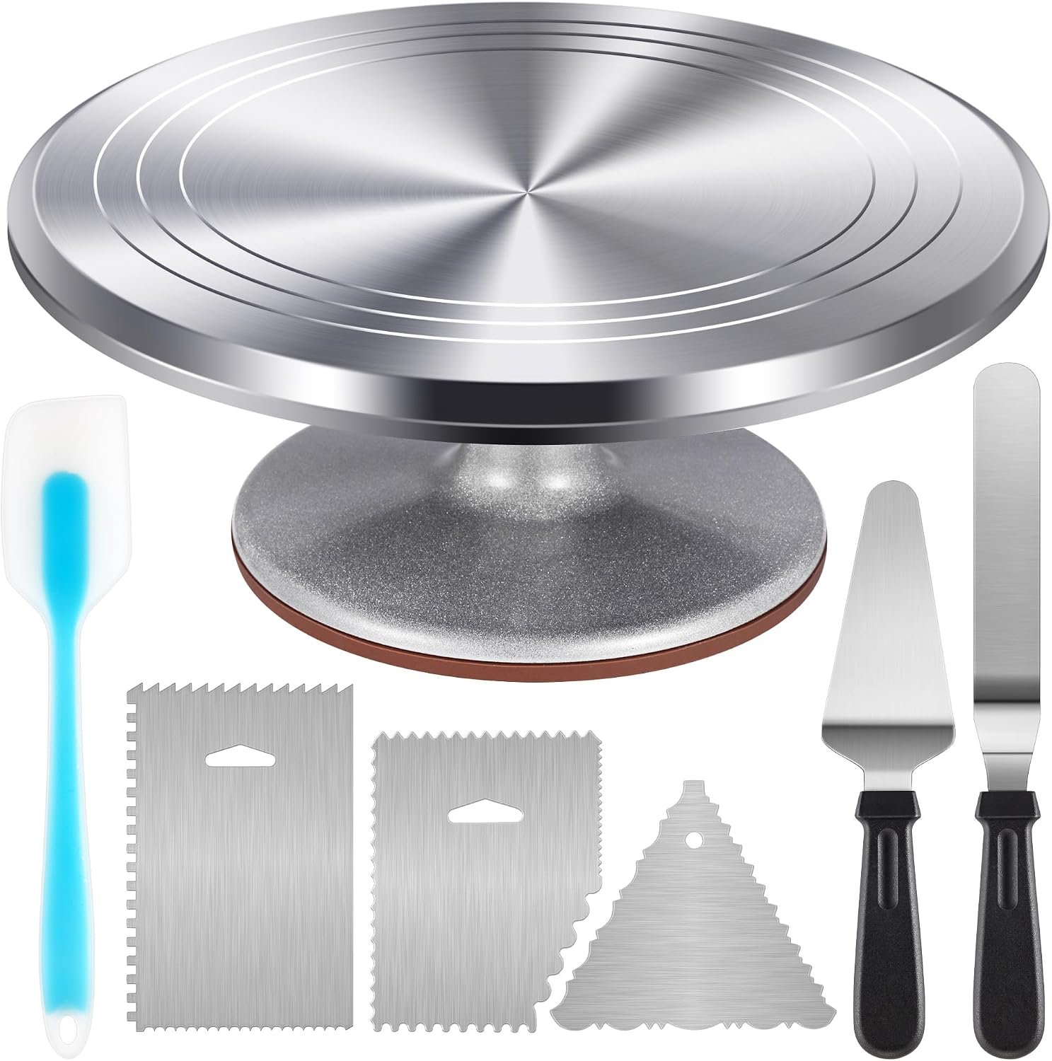Kootek Aluminum Cake Stand Turntable Set for Decorating Baking Kit, 12″ | Beginner-friendly, Baking Supplies Tools with Cake Stand Turntable for Decorating and Display, 2 Spatulas, 3 Icing Scrapers