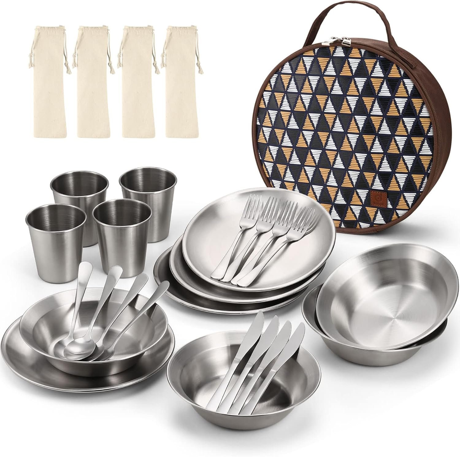 Odoland Stainless Steel Camping Mess Kit for Family & Person | Cooking Tableware Utensils with Plates Bowls Forks Spoons Knives & Savings Bag for Camping, Backpacking, Hiking, Picnic
