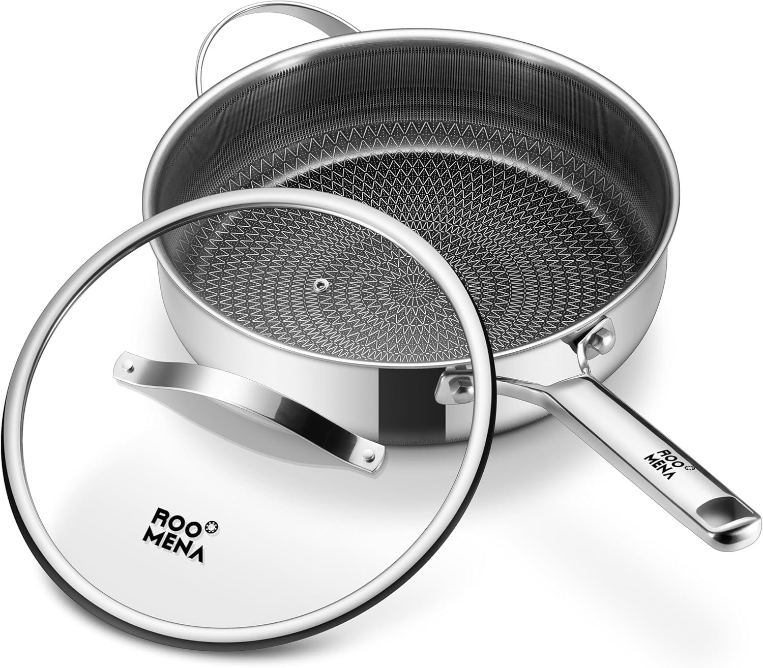 Roomena Frying Pans Nonstick with Lid, Hybrid Ceramic Nonstick Tri-Ply Saute Pan with Lid,PFAS/PFOA/PTFE Free, Metal Utensil Safe, Dishwasher & Oven Safe, Induction Compatible