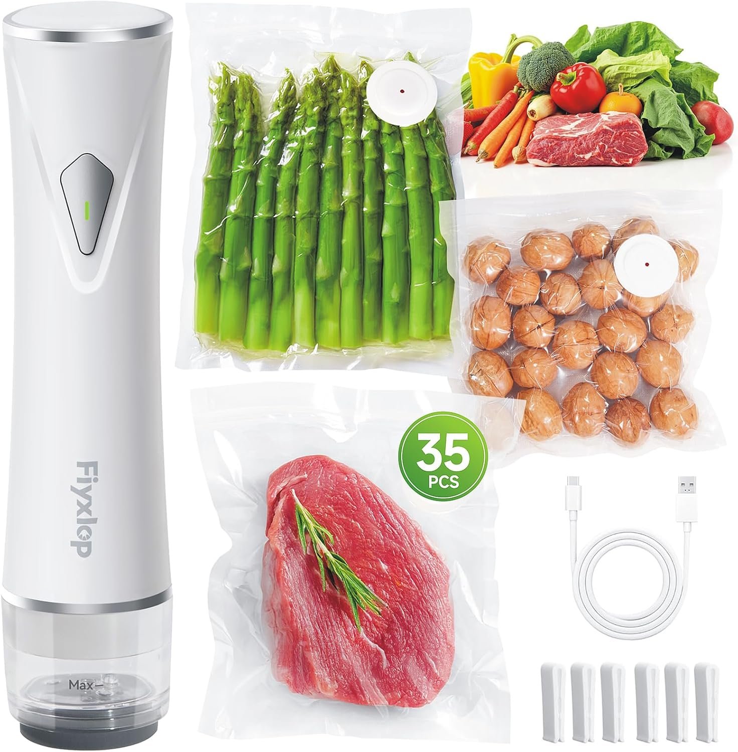 Vacuum Sealer for Food, Premium Handheld Vacuum Sealer + 35 Reusable Vacuum Bags, Powerful Vacuum Food Sealer for Kitchen, Home, BBQ, Travel, Gifts, Seal Food 6X Fresh Longer