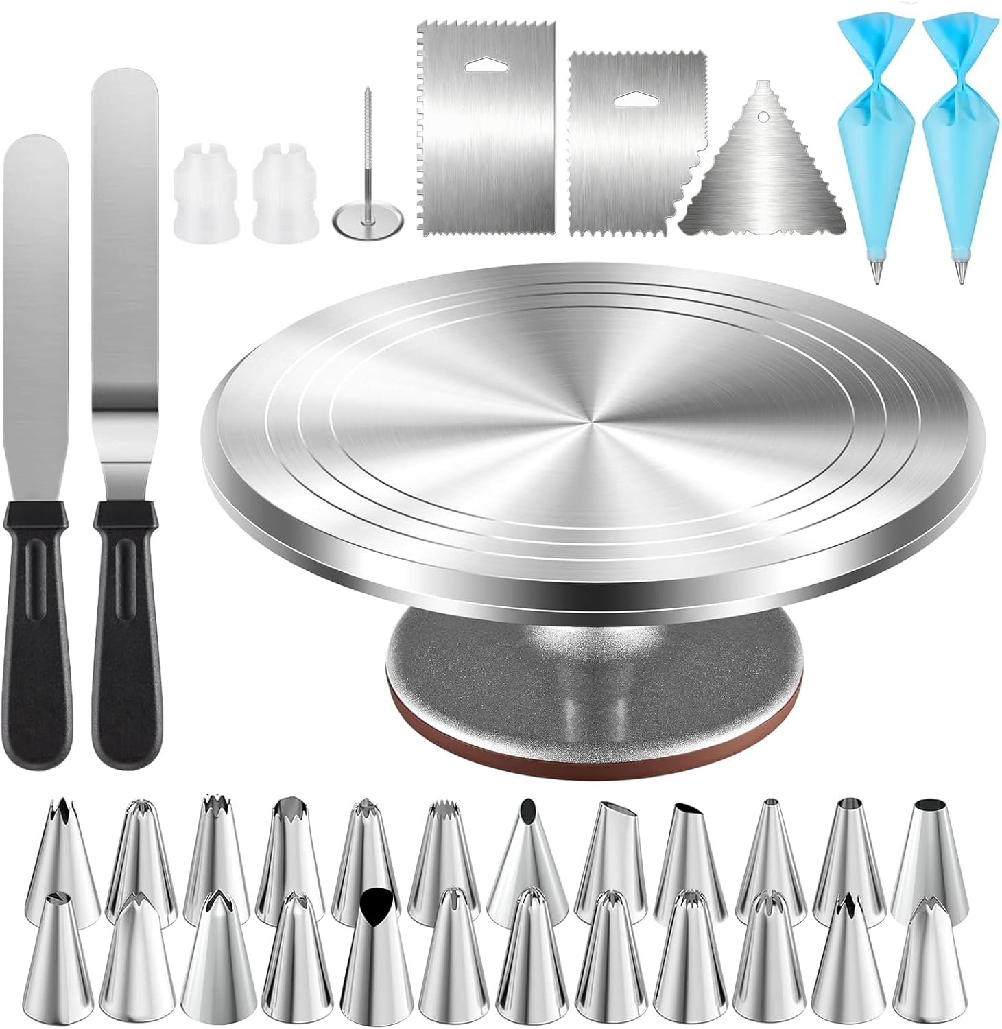 Cake Decorating Kit 35 Pieces – 24 Piping Tips Set with 12 Inch Turntable, Reusable Pastry Bag, Icing Spatula, Scraper, Couplers – Baking Tools for Beginners, Professional Cake Decorating Supplies