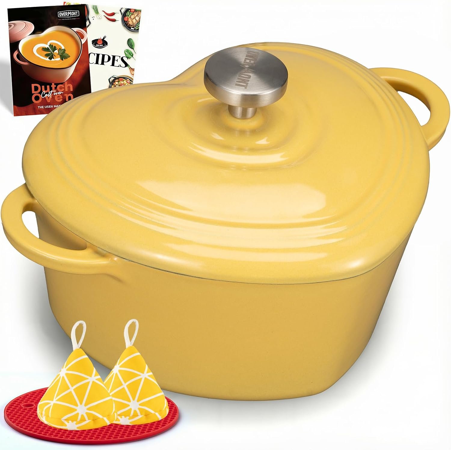 Overmont Enameled Cast Iron Dutch Oven – 2QT Heart-Shaped Mini Pot with Lid | Oven Safe to 500°F, Mini Cookware with Recipe Potholder, for Bread Baking Soups Stews, Gift for Wedding Birthday Housewarming
