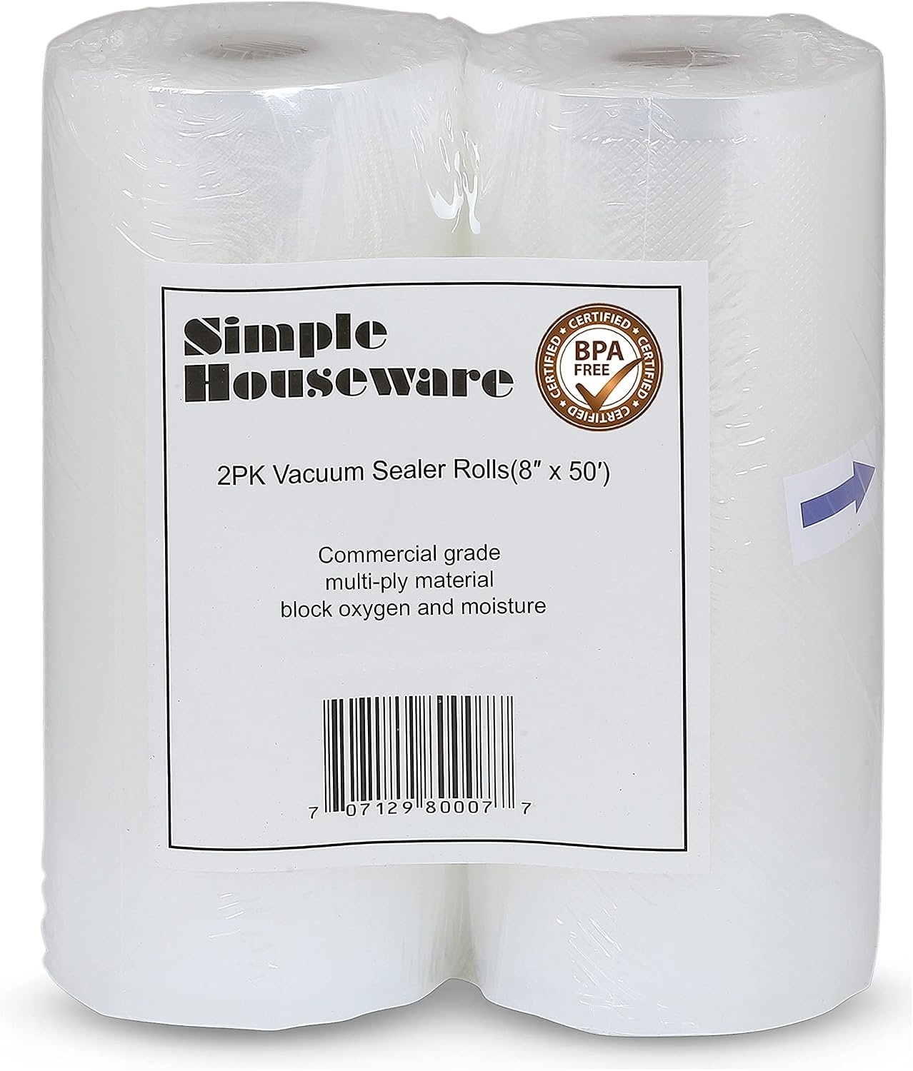 Simple Houseware 8″x50′ Vacuum Sealer Bags Sous Vide Roll, BPA Free, 2-Pack | Commercial Grade, Airtight Food Storage
