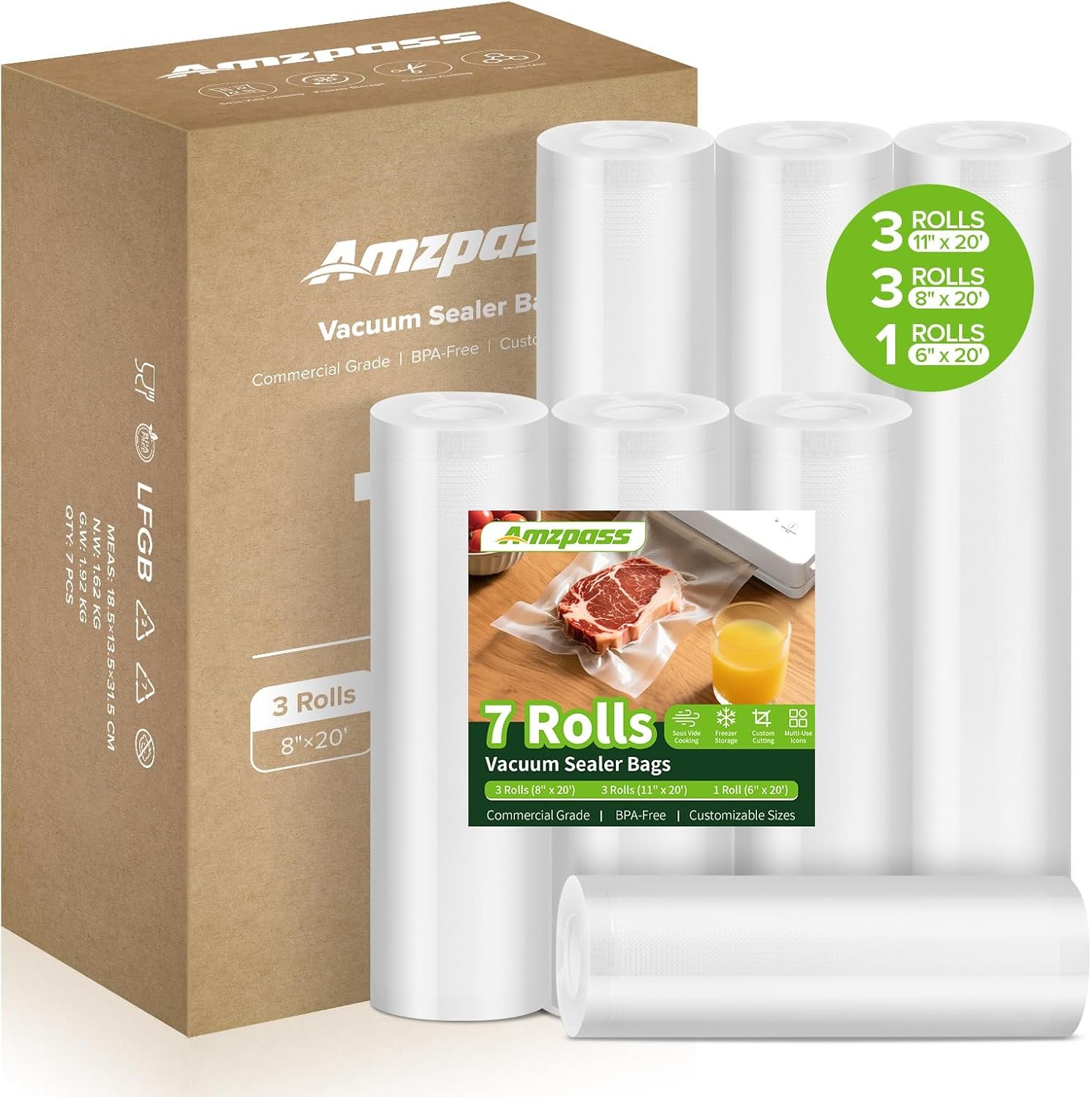 Vacuum Sealer Bags for Food, 7 Pack – 8″ x 20′ (3 Rolls) + 11″x 20′ (3 Rolls) + 6″x 20′ (1 Roll), BPA-Free Commercial Grade Embossed Customized Size Bags for Food Storage, Meal Prep, Sous Vide
