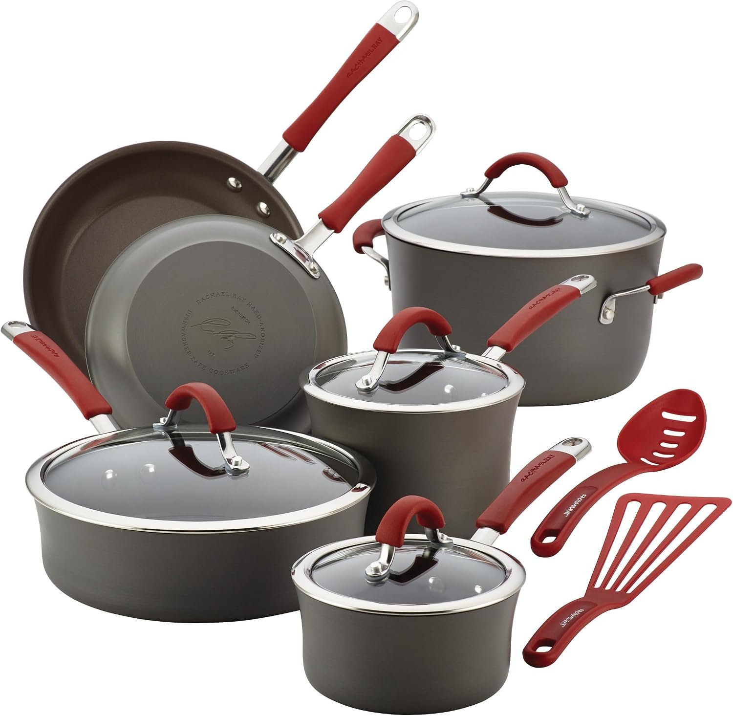 Rachael Ray Cucina Dishwasher-Safe Hard-Anodized Pots and Pans Set Non Stick Cookware, 12-Piece, Gray with Red Handles