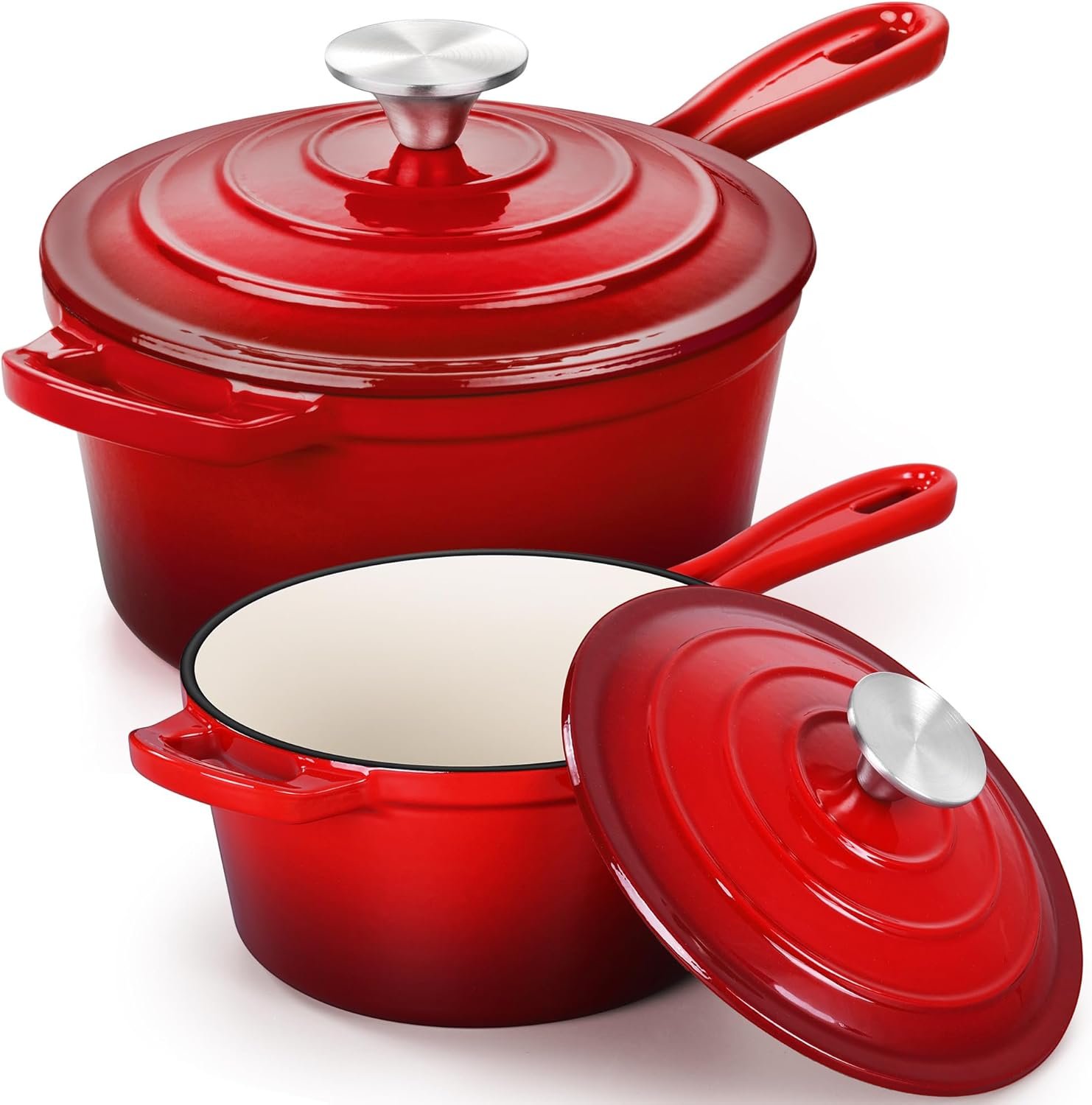 E-far Enameled Cast Iron Sauce Pan Set with Self-basting Lids, 1Qt & 2Qt | Small Heavy Duty Dutch Oven Pot for All Kitchen Stove, Induction-Ready & Easy Clean, Red Cookware