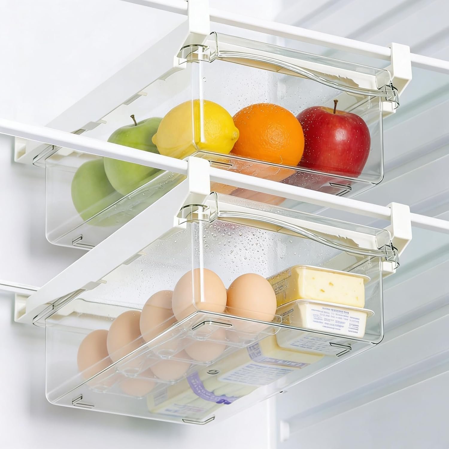 URALFA Fridge Drawer Organizer 2 Pack, Fridge Organizers and Storage | Deli Drawer for Refrigerator, Pull Out Fridge Under Shelf Drawer, Refrigerator Storage Containers for Fruit, Egg, Yogurt