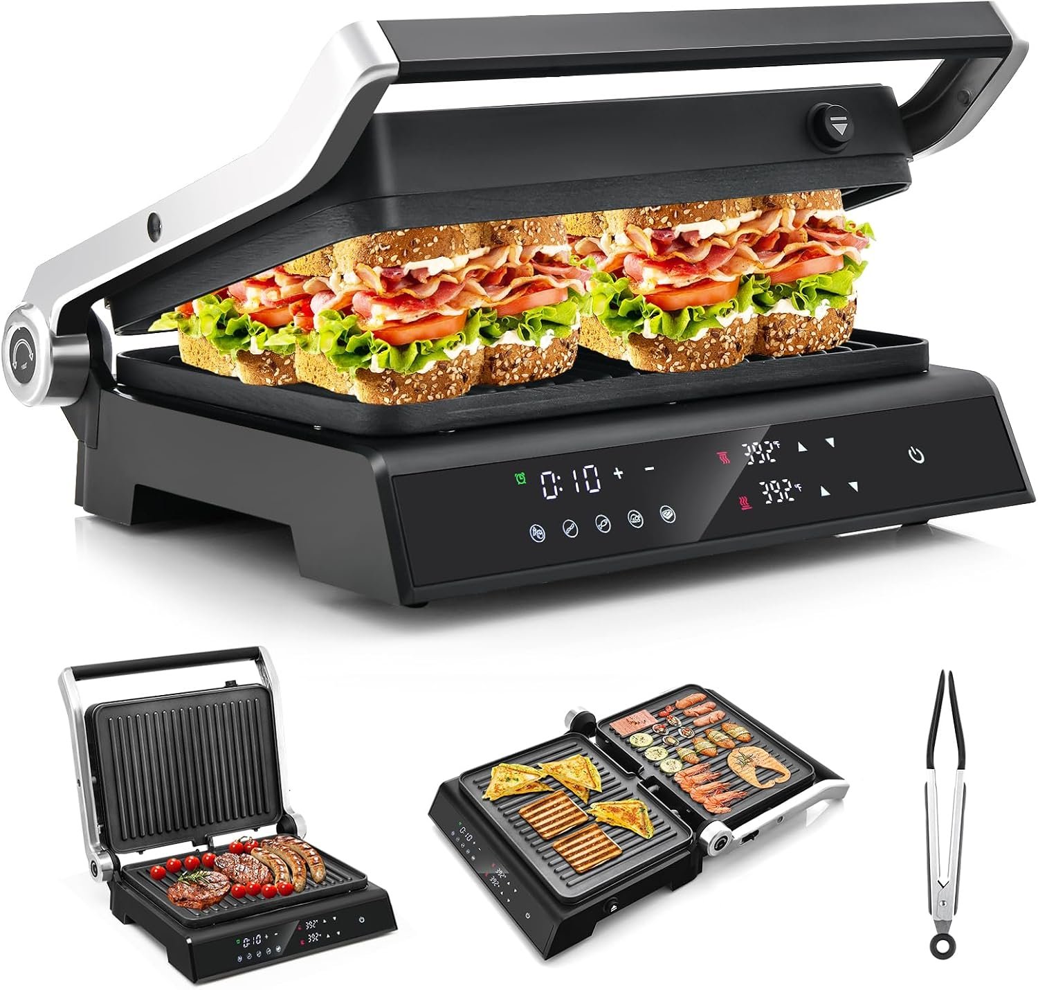 Giantex Panini Press Sandwich Maker, Indoor Electric Grill 5 Auto Modes | LED Touch Panel, Independent Temperature Control, Timer, Removable & Non-Stick Plates, Drip Tray, for Breakfast, Home Kitchen