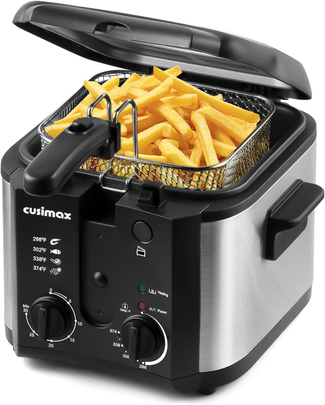 CUSIMAX Electric Deep Fryer with Basket for Home Use 2.5L Capacity | 1500W Oil Fryer with Adjustable Temperature & Time, Lid with View Window and Odor Free Filter
