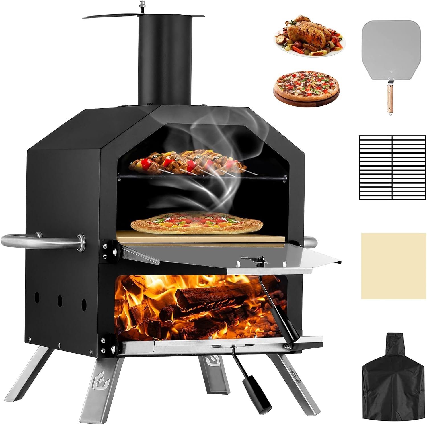 PIZZELLO 26″H Outdoor Wood Fired Pizza Oven, 2-Layer Pizza Maker | Patio Pizza Oven with Pizza Stone, Peel, Rack, Waterproof Cover & Folding Legs for Camping, Garden, BBQ, Black