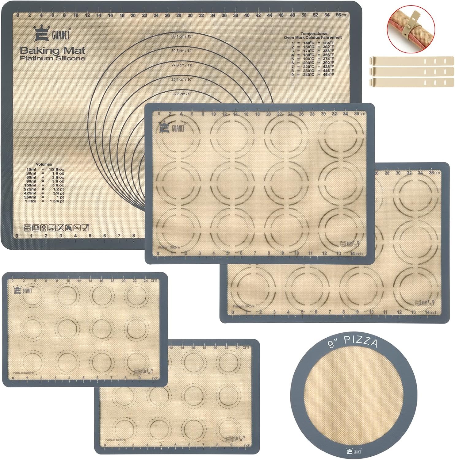 Silicone Baking Mat Set of 6, Includes 25″x17.5″ Large, 2 Medium 16.5″x11.6″, 2 Small 11.75″x8.25″, 9″ Round, All Mats 0.70mm Thick, Non-Stick Reusable Baking Mats for Pizza, Cookie, Bread