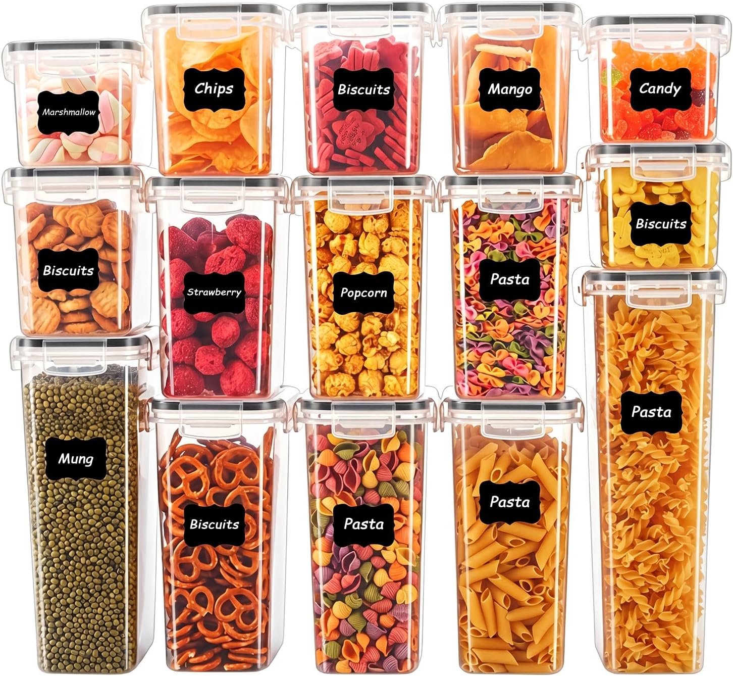 15 PCS Airtight Food Storage Containers with Lids, Plastic Kitchen and Organization Canisters for Cereal, Dry Food, Flour and Sugar, BPA-Free, PVC-Free, Includes Labels & Marker