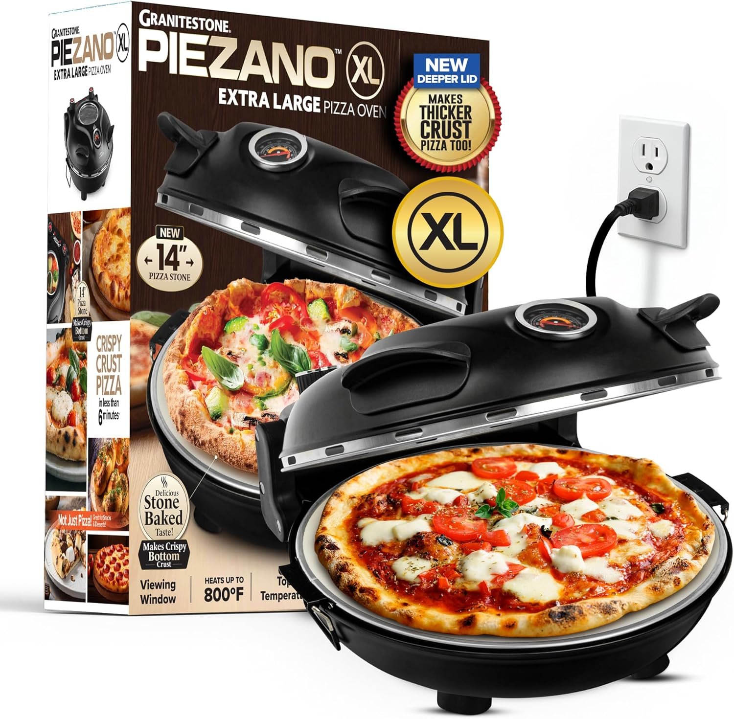 PIEZANO XL 14″ Electric Pizza Oven Indoor Countertop Pizza Maker | Heats to 800˚F, Ceramic Stone for Crispy Crust Pizza, Cooks in Under 6 Minutes, Dual Heat Controls, Peels & Scraper Included