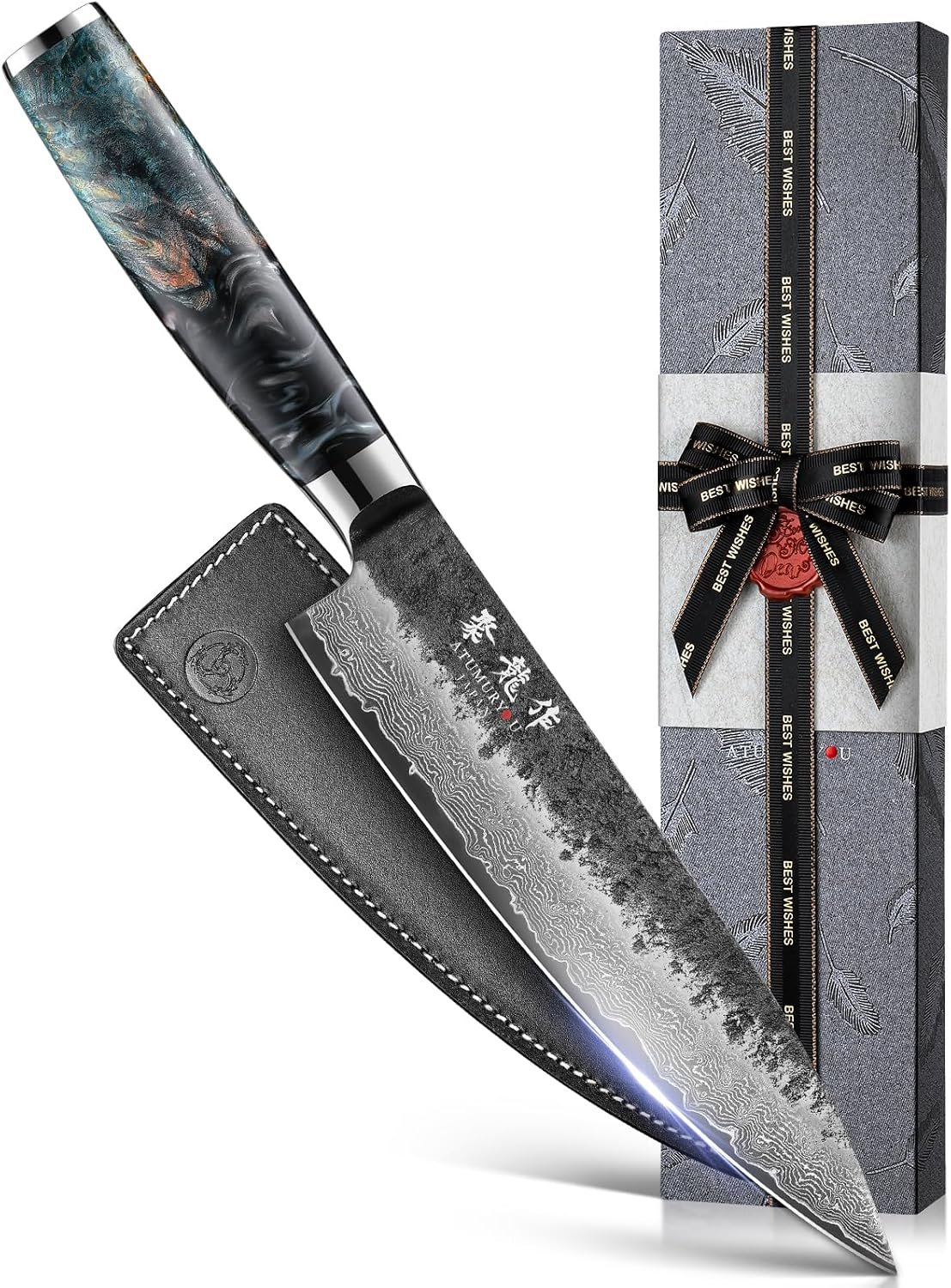 8” Japanese Chef Knife, Razor Sharp Hand-Forged Damascus VG10 Steel Core | Kurouchi Forged Finish, 67-Layer Damascus Cladding, For Professional & Home Chefs, Leather Sheath Included, Premium Gift Box