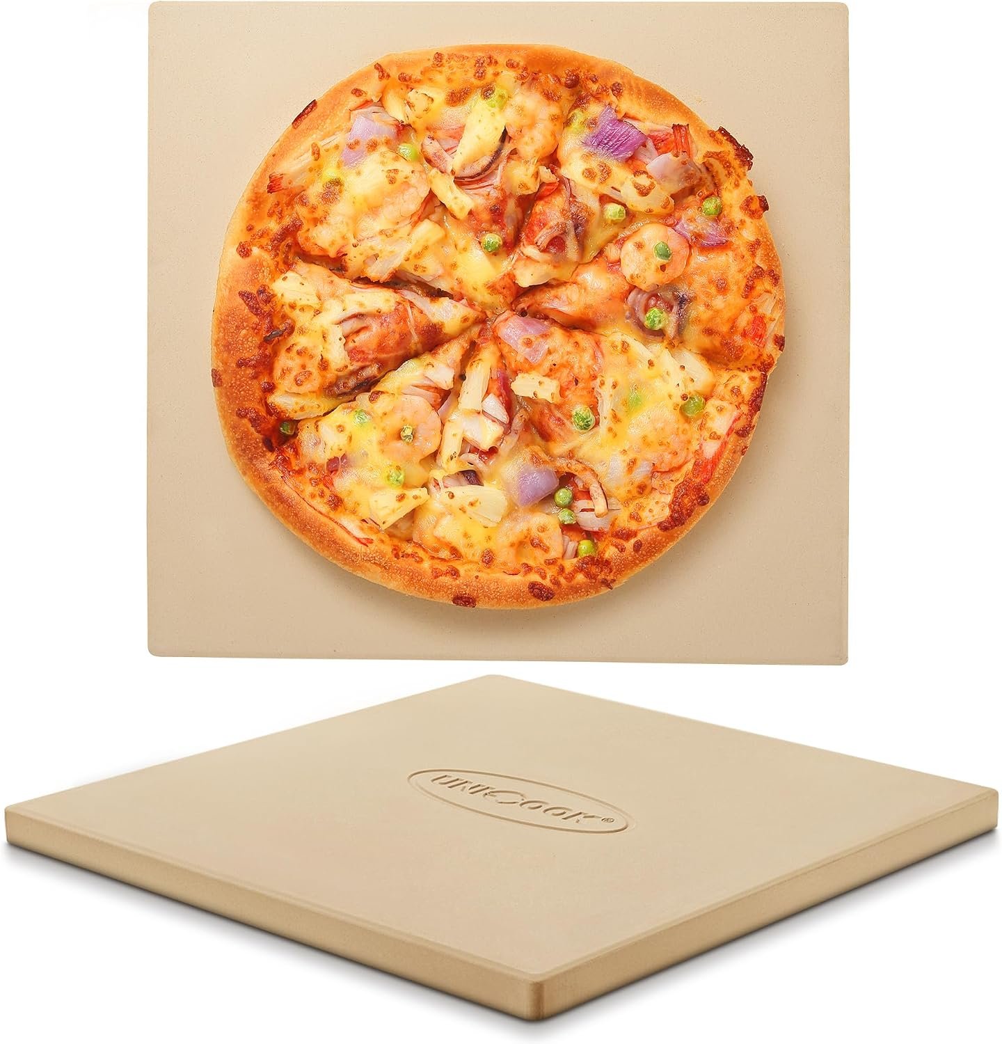 Unicook 16″ x 16″ Square Pizza Stone for Grill and Oven, Large Cordierite Bread Baking Stone for Crispy Crust Pizzas, Bread and Cookies, Includes Dough Scraper