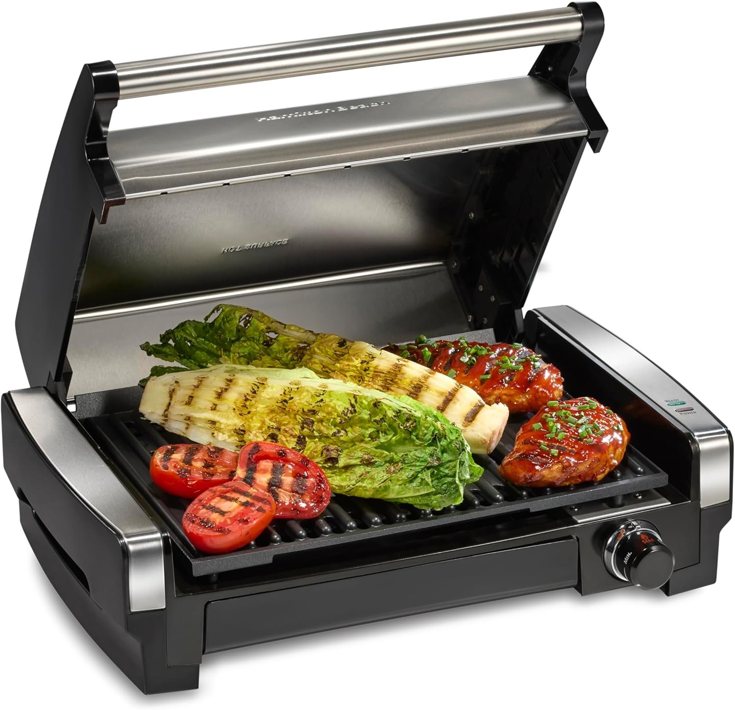 Hamilton Beach Electric Indoor Searing Grill with Adjustable Temperature Control to 450F, 118 sq. in. Surface Serves 6, PFAS-Free Removable Nonstick Grate, Stainless Steel (25360) | Adjustable Temperature Control To 450°F | 118 sq. in. PFAS-Free Removable Non-Stick Cooking Surface | Stainless Steel
