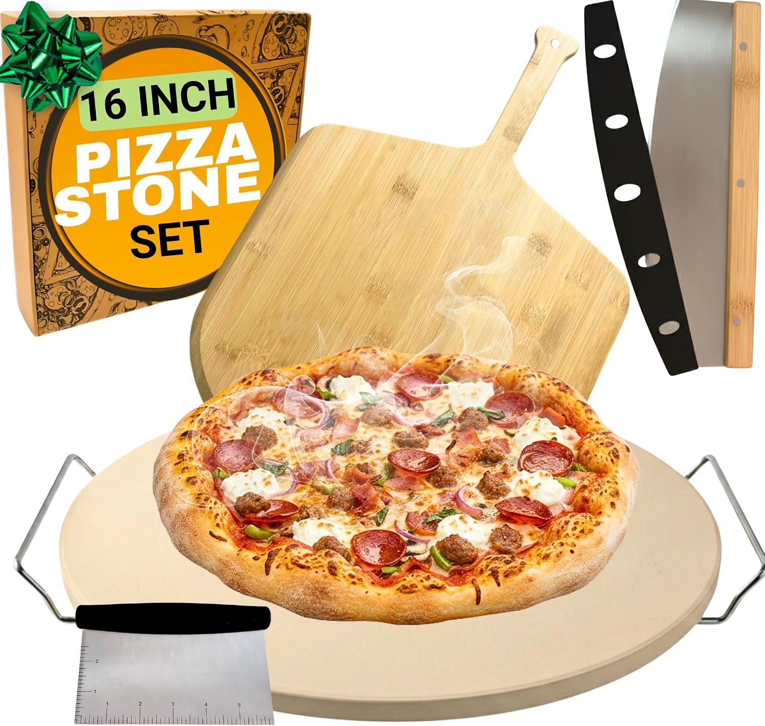 Large Pizza Stone for Oven 16 inch – Round Pizza Stone for Grill with Handles, Wood Pizza Peel and Cutter Set – Baking Stone for Bread – Pizza Making Kit Accessories – Gifts for Food Lovers