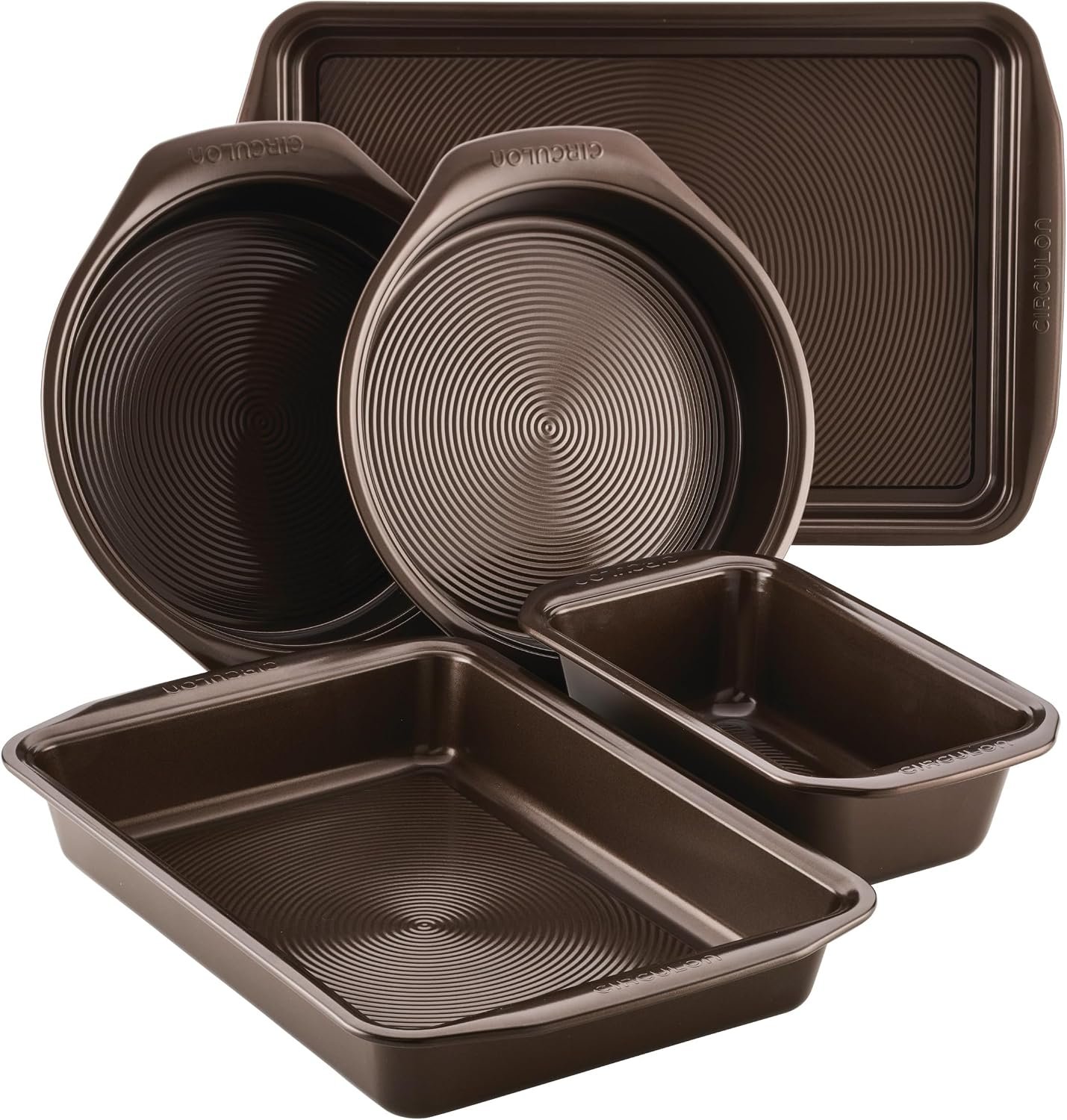 Circulon Nonstick Bakeware Set with Nonstick Cookie Sheet, Bread Pan, Bakings Pan and Cake Pans – 5 Piece, Chocolate Brown