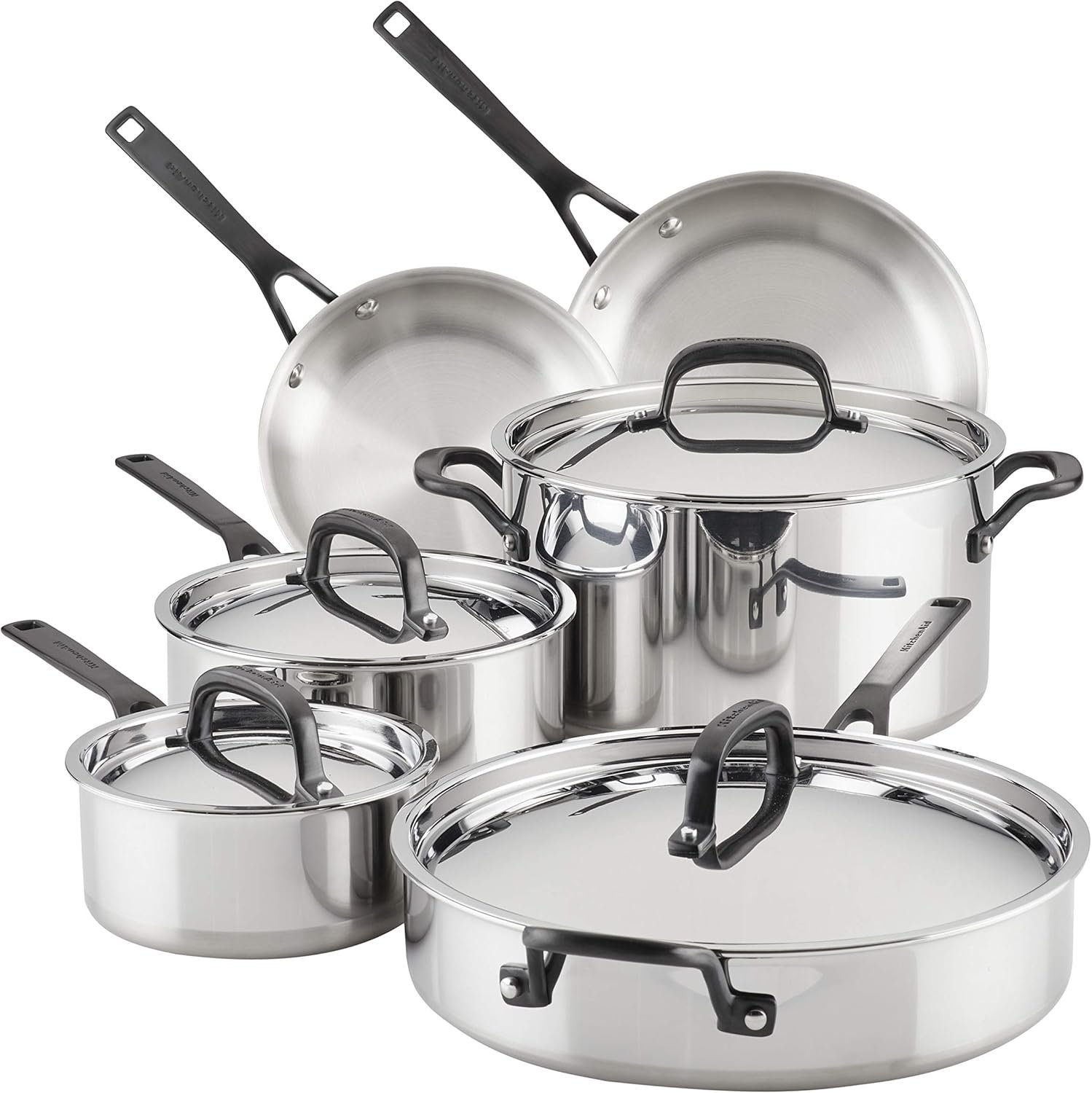 KitchenAid 5-Ply Clad Stainless Steel Cookware Induction Pots and Pans Set, 10-Piece, Polished Stainless Steel