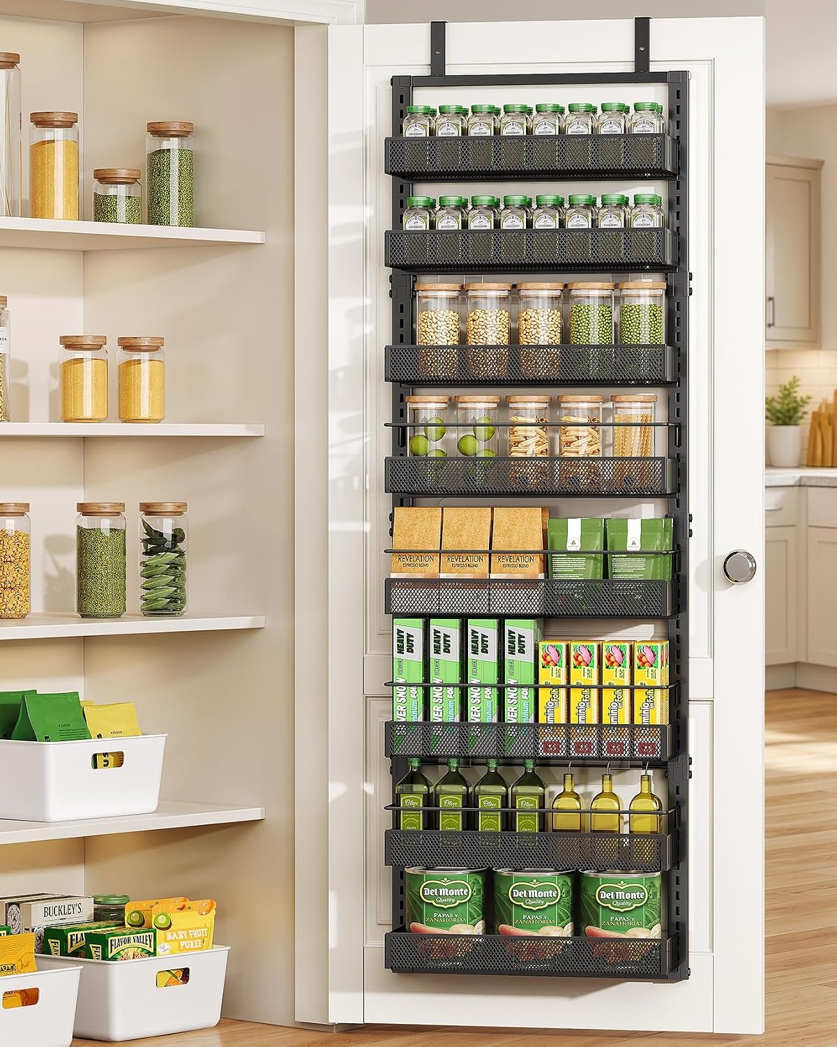 Over the Door Pantry Organizer – 8 Tiers Height Adjustable Pantry Organizers and Storage with Dense Mesh Baskets, Metal Door Hanging Spice Rack for Kitchen Bathroom (Black, 17.2″ W x 6.2″ D x 69.2″ H)