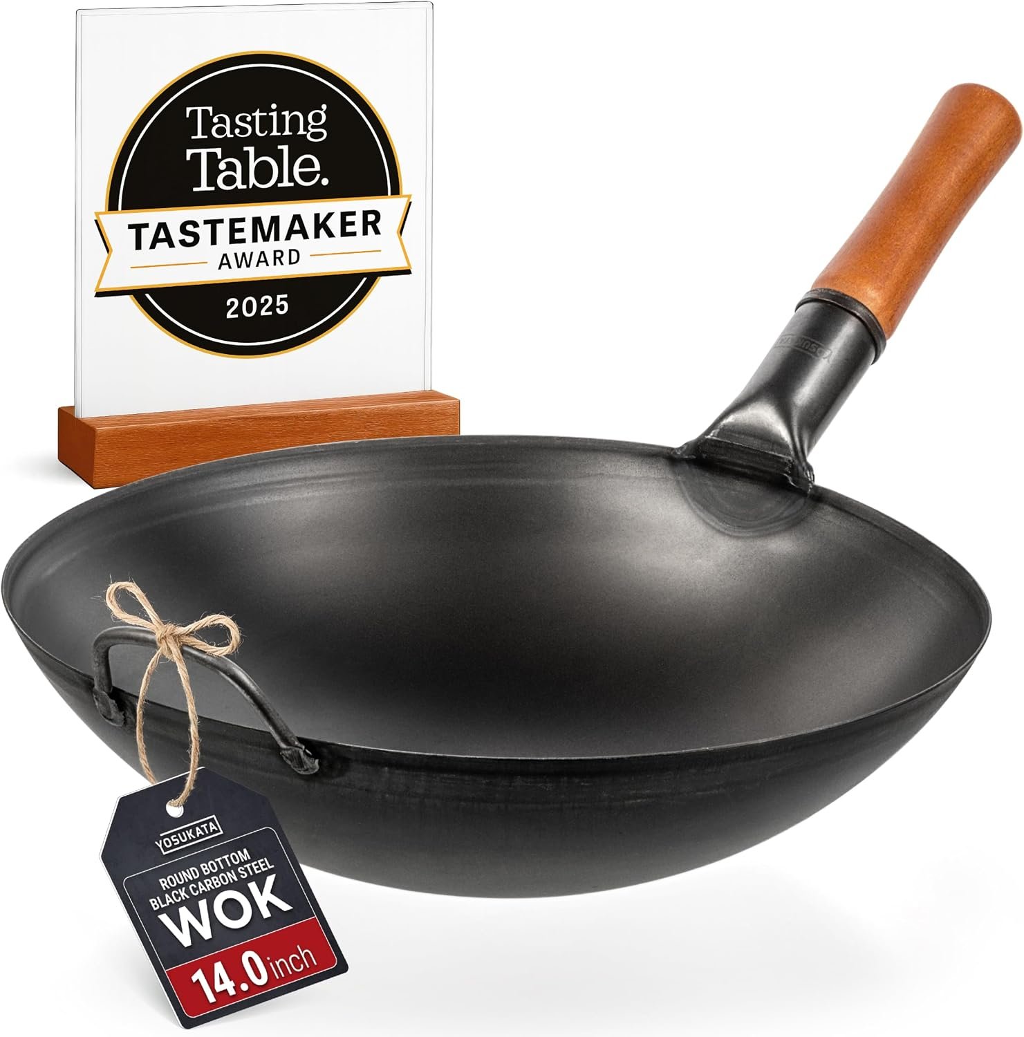 YOSUKATA 14″ Carbon Steel Wok with Round Bottom – Pre-Seasoned Pow Wok for Stir Fry – Traditional Chinese Japanese Black Steel Pan – Outdoor Cookware for Gas Stovetops, Open Fire, BBQ, Camping