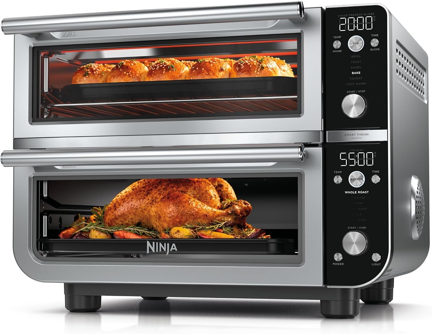 Ninja Double Oven Pro Smart XL, 30.2 Qt, 12-in-1, Stainless Steel, DCT801 | DualZone, Smart Finish, Fits 4.5 lb chicken, Air fry, bake, broil, roast, toast, pizza