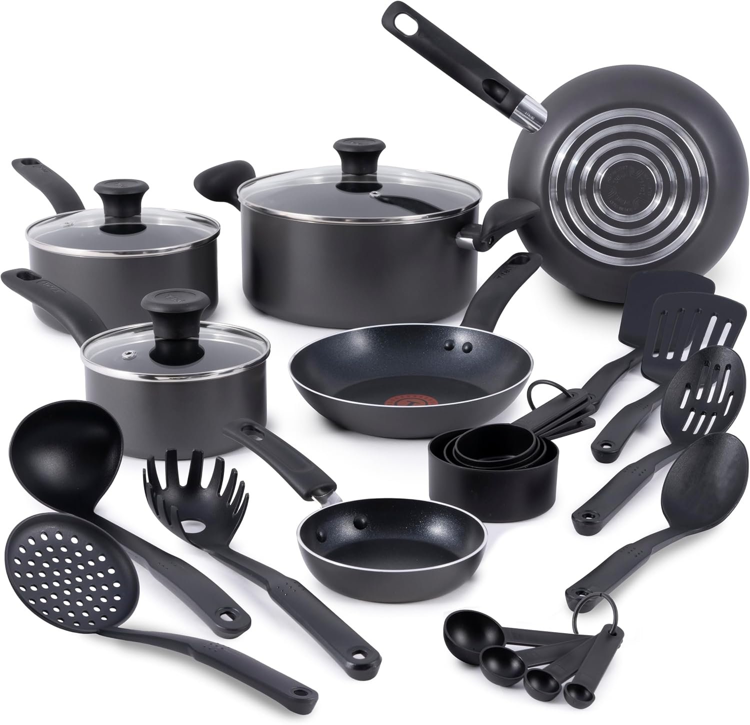 T-fal Initiatives Nonstick Cookware Set 18 Piece, Oven Broiler Safe 350F, Kitchen Cooking Set w/Fry Pans, Saucepans, Stockpots, Skillet, Spoons, Lids Pots and Pans Set, Dishwasher Safe, Stone Grey