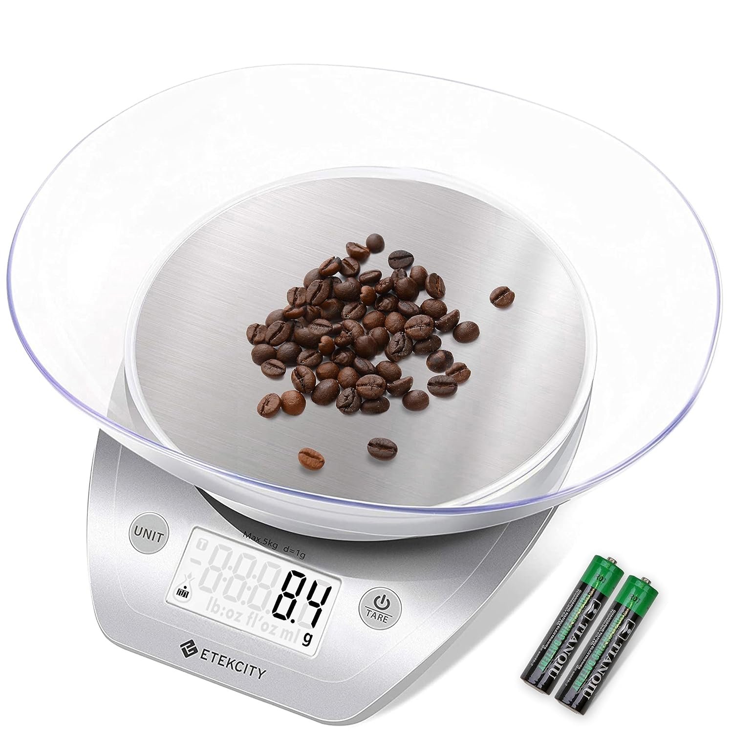 Etekcity 0.1g Food Kitchen Scale, Bowl, Digital Grams and Ounces for Weight Loss, Dieting, Baking, Cooking, and Meal Prep, 11lb/5kg, Stainless Steel Silver | 11lb/5kg capacity with tare, removable bowl, ideal for baking, coffee, meal prep and portion control, Stainless Steel, Silver