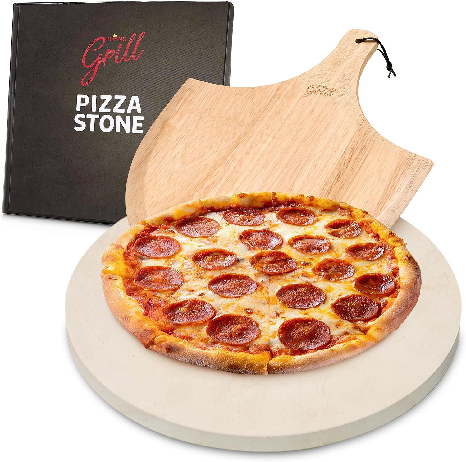 Hans Grill Circular Pizza Stone, 15 Inch Cordierite Stone with Wooden Peel | For Oven Baking & BBQ Grilling, Heat Resistant to 1112F, Bakes Pizza, Bread, Pastry and Calzone, Includes Free Wooden Peel