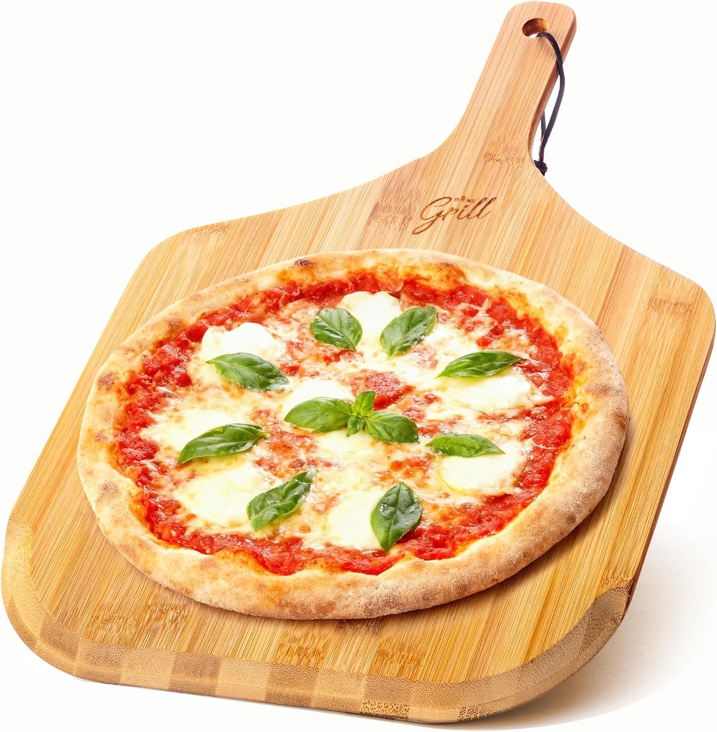 Hans Grill Bamboo Wooden Pizza Peel, 12 Inch Paddle for Oven | Restaurant Grade Natural Bamboo, Tapered Edge for Easy Launch, Comfort Handle & Hanging Loop, Doubles as Serving Board