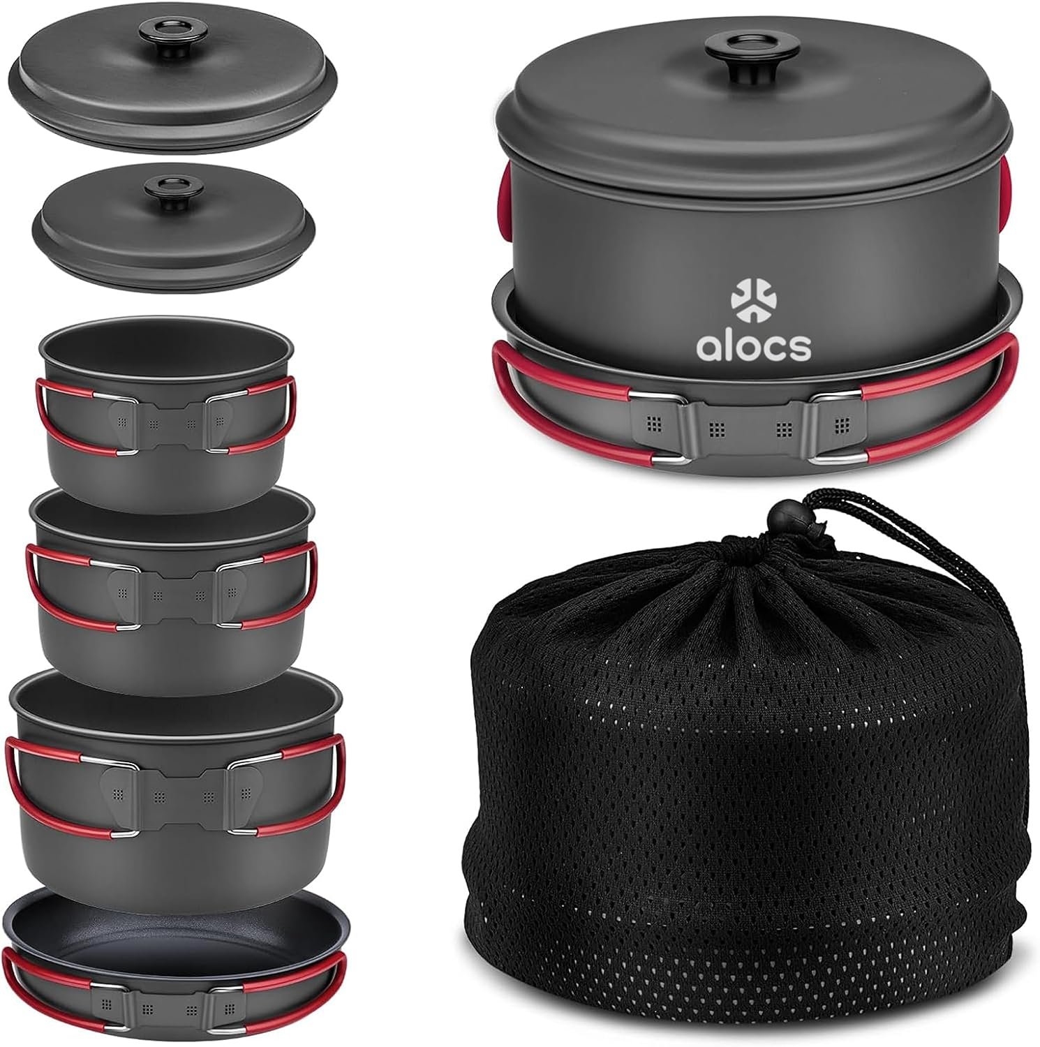 Alocs Camping Cookware Set Camping Gear, Compact Camping Pots and Pans Set, Durable Hard Alumina Camping Cooking Set for Outdoor Backpacking Camping Hiking Picnic, Included Mesh Carry Bag