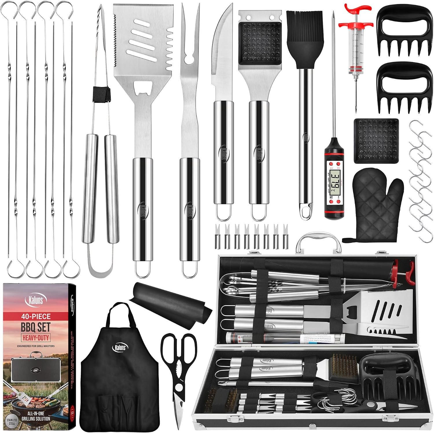 Kaluns BBQ Accessories, Complete Grill Set Dad Gifts for Fathers Day, 40 Pcs Premium Heavy Duty Stainless Steel Barbecue Grill Accessories for Outdoor Grill Gifts for Men