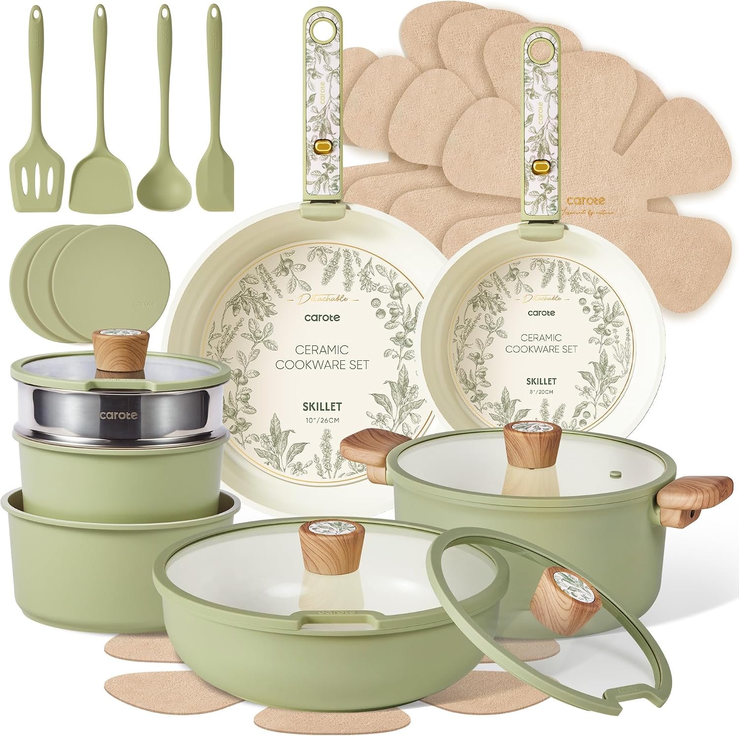 CAROTE 25pcs Ceramic Cookware Sets, Nonstick Pots and Pans Set Non Toxic | Space Saving, Detachable Handle, Dishwasher & Oven Safe, PFAS Free, Kitchen/Apartment/Camping/RV/ Traveling Cooking Sets