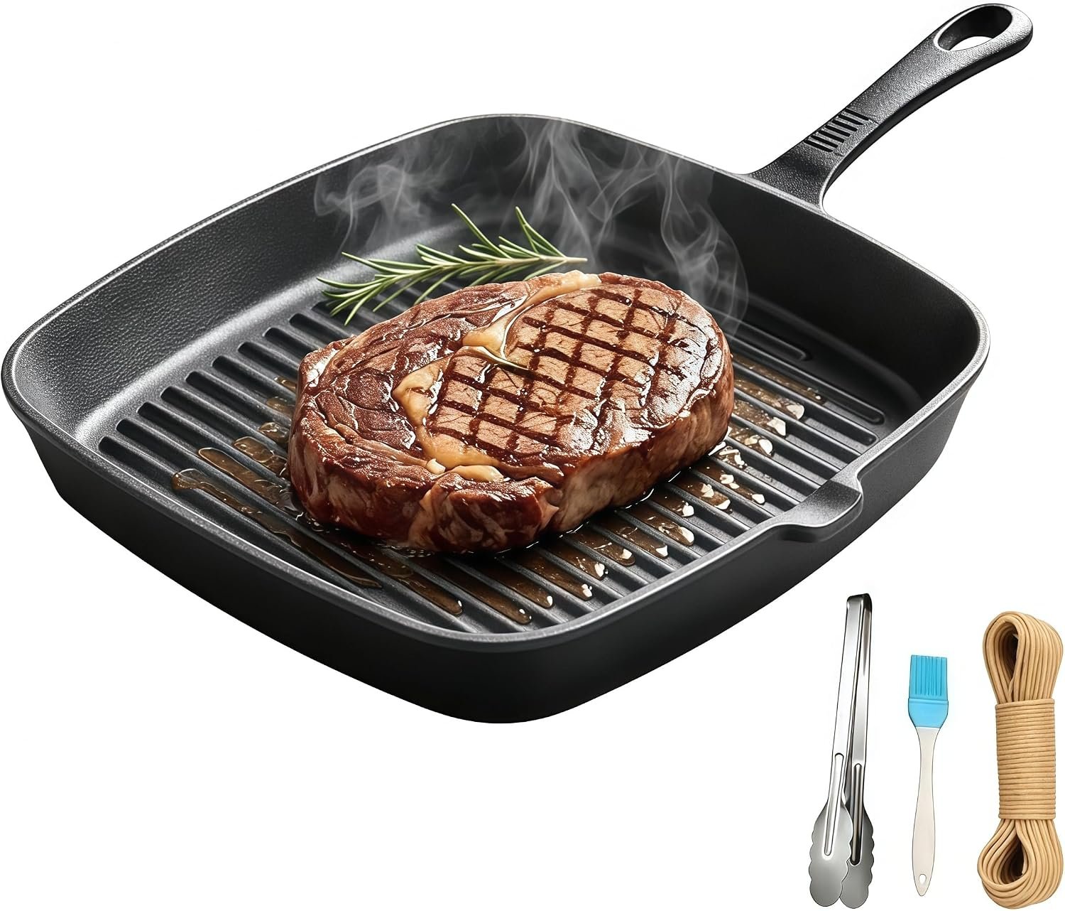 Cast Iron Grill Pan 9.5″ Square Griddle Skillet with Pour Spout Oven Safe