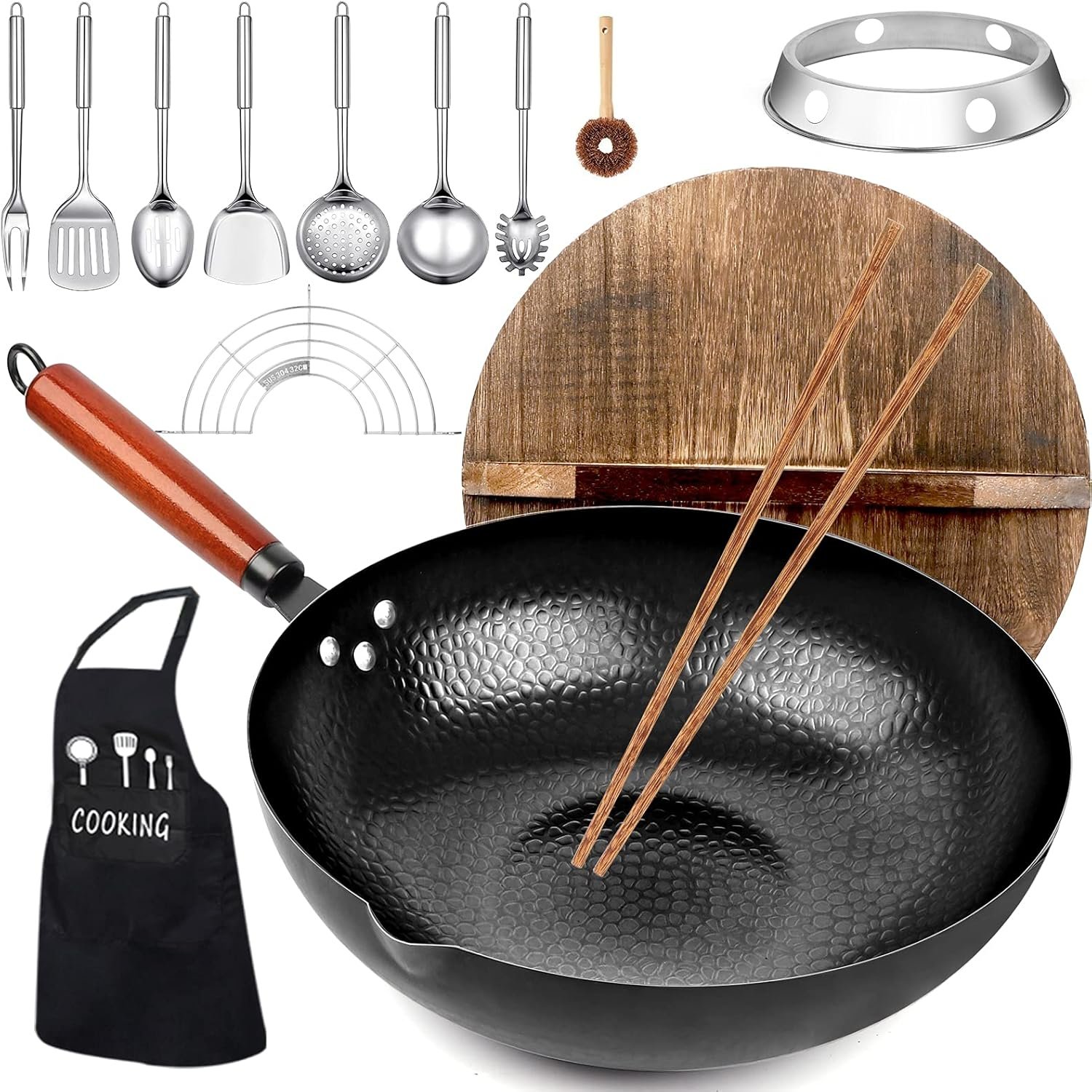 14 Piece Carbon Steel Wok Pan, Woks & Stir-Fry Pans Set with Wooden Lid Cookwares, No Chemical Coated Flat Bottom Chinese Pan for Induction, Electric, Gas, Halogen All Stoves – 12.6”
