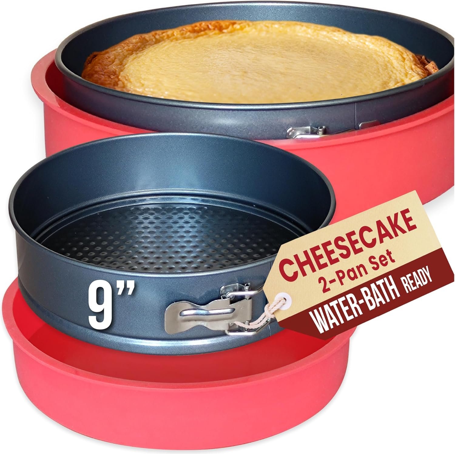 Springform Pan 9 Inch NONSTICK – Cheesecake Pan with Silicone Sleeve – NO LEAKS in Water Bath – No Foil Wrap Needed – Easy Cake Release – Sturdy Build – Heavy-Gauge Carbon Steel 0.4 mm | NONSTICK, Dishwasher Safe, No Leaks in WATER BATH, NO FOIL WRAP & Parchment Needed, Heavy-Gauge & Durable Carbon Steel 0.4 mm