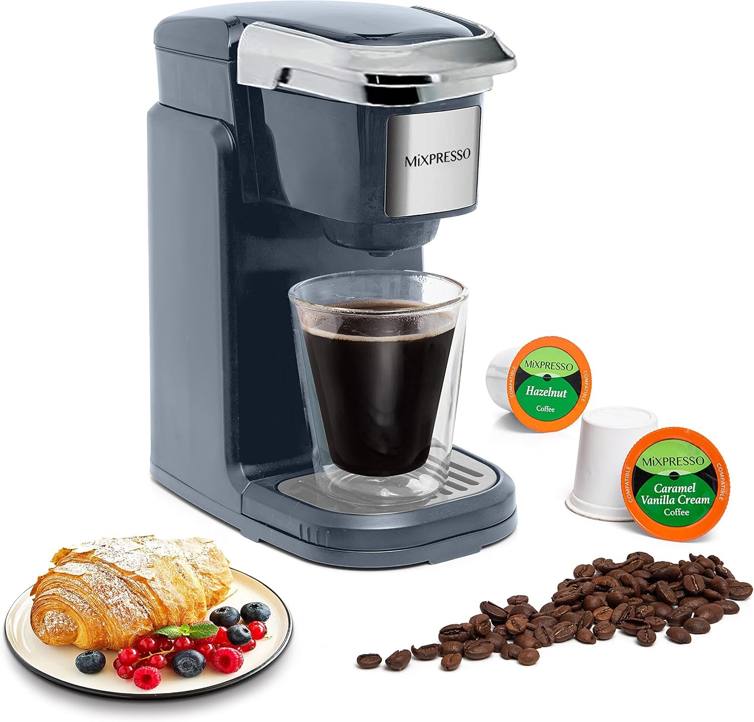 Mixpresso Single Serve Coffee Maker K Cup Coffee Maker for K Pods & Grounds | Compact 800W Gray Coffee Machine with 12 Oz Water Tank, Fast Brew & Auto Shut-Off, Small Design for Travel, Office, RV & Dorm