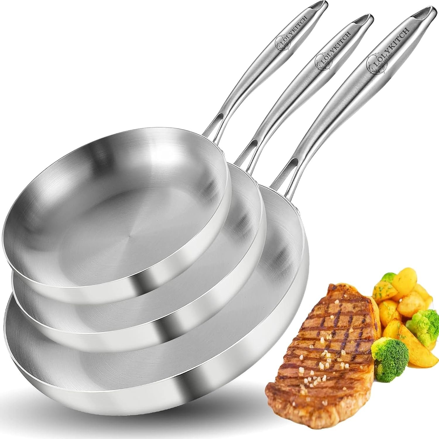 LOLYKITCH 8-10-12 Inch Frying Pan Set | Tri-Ply Stainless Steel Skillet | Fast & Even Heating | Stay-Cool Detachable Handle | Dishwasher and Oven Safe | Induction Ready | For Modern Home Kitchens