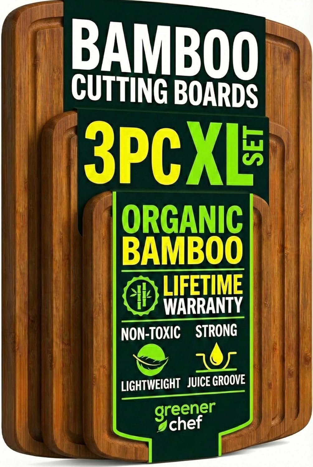 Greener Chef Luxury Bamboo Cutting Board 3-Piece Set with Carbonized Vertical Grain Strength Technology – Extra Large Wooden Cutting Boards for Kitchen with Deep Juice Grooves – Lifetime Replacements